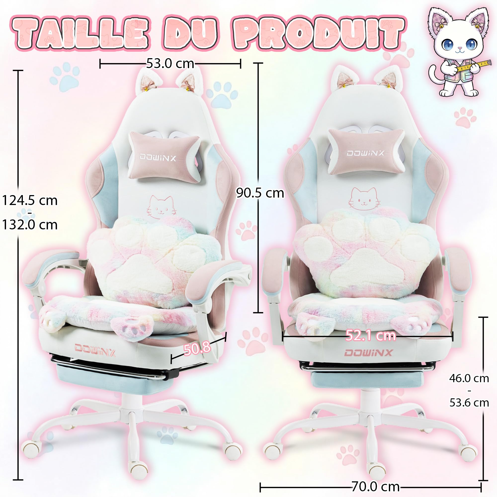 Dowinx Chaise de Gaming Ergonomique Multicolore et Blanc avec Repose-Pieds, Motif Pattes de Chat, en Tissu, Design d'assise sans Ailes, réglable, pour Adultes