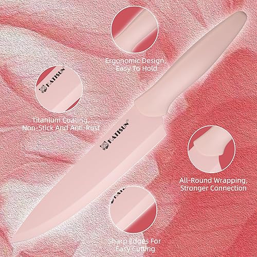 Miniatura 9 de KATISUN Juego de cuchillos de cocina con protectores, 13 piezas de cuchillos de acero japonés con revestimiento de titanio arcoíris para cocina,