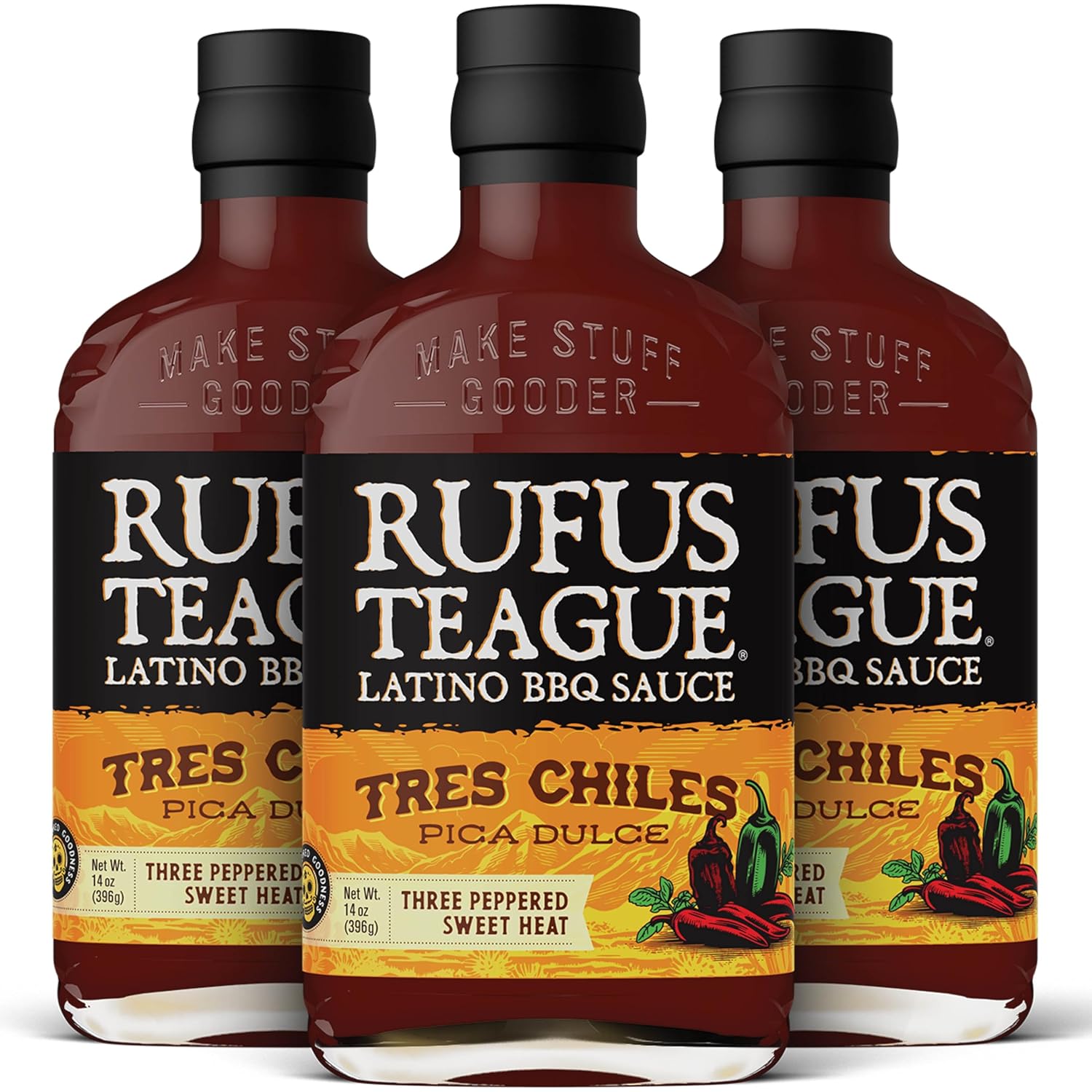 Rufus Teague Tres Chiles Pica Dulce BBQ Sauce with Sweet Heat, 3 Pack, Premium Barbecue Sauces with Natural Ingredients, Award-Winning Bold Flavor, Gluten-Free, Non-GMO, 14 oz
