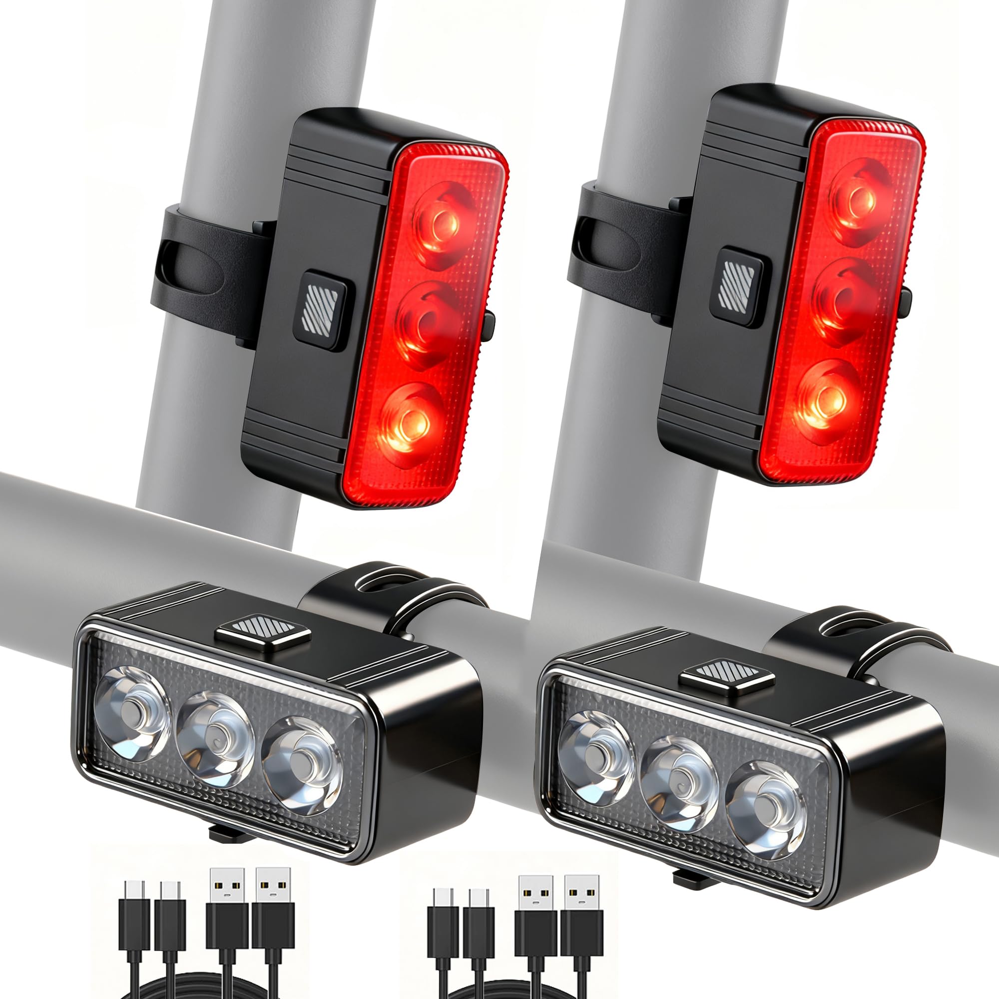 Kit di luci a LED per bicicletta, set di 2 fari e 2 fanali posteriori, luci ricaricabili impermeabili IPX4, 5 modalità anteriori/7 modalità, luci notturne posteriori per la sicurezza, per bambini