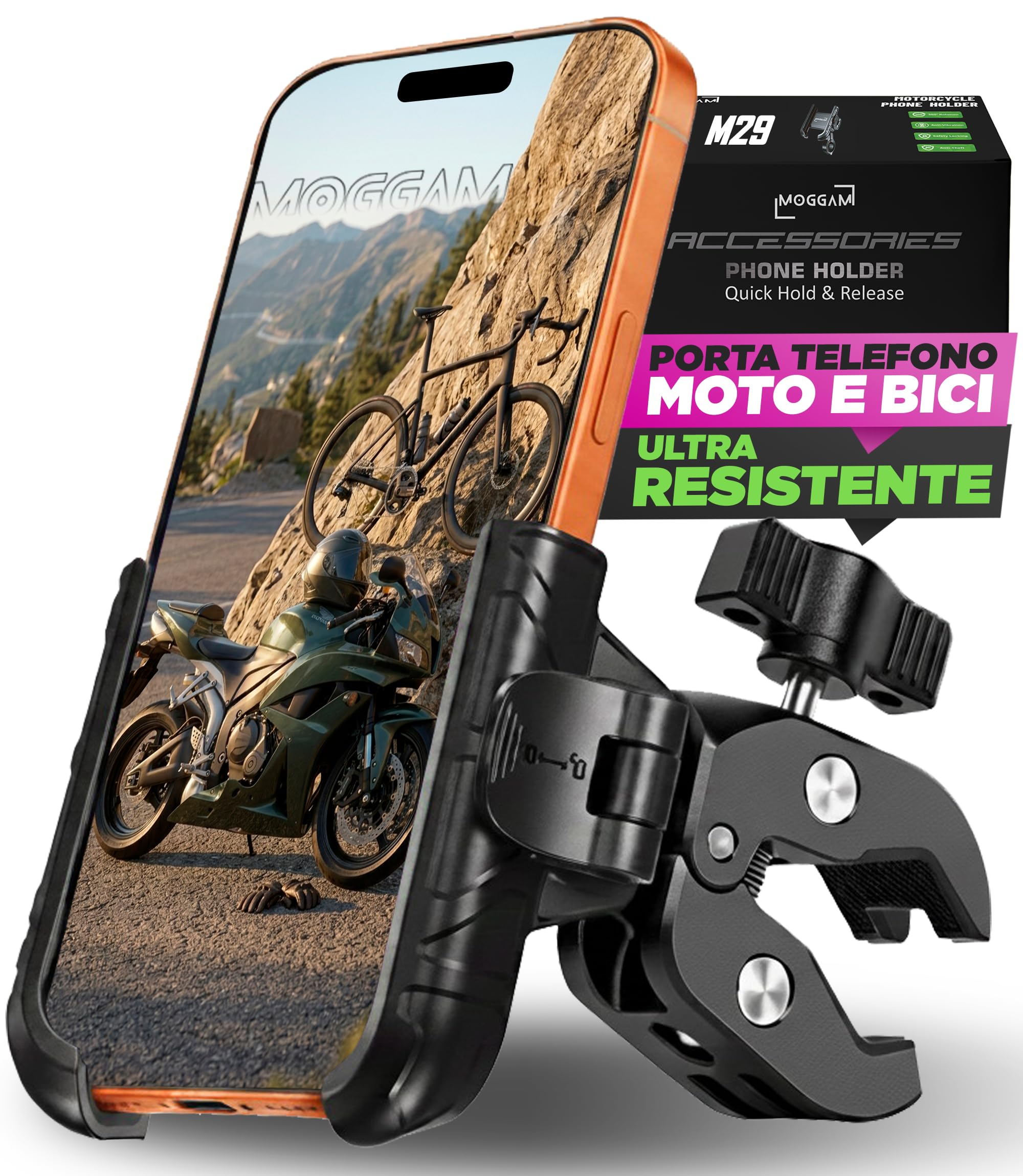 Porta Telefono Bici Ultra Resistente Antivibrazione con Morsetto in Alluminio Blocco 1S Rotazione 360° Supporto Telefono Moto per Manubrio MTB Bici da Corsa e Monopattino Premium