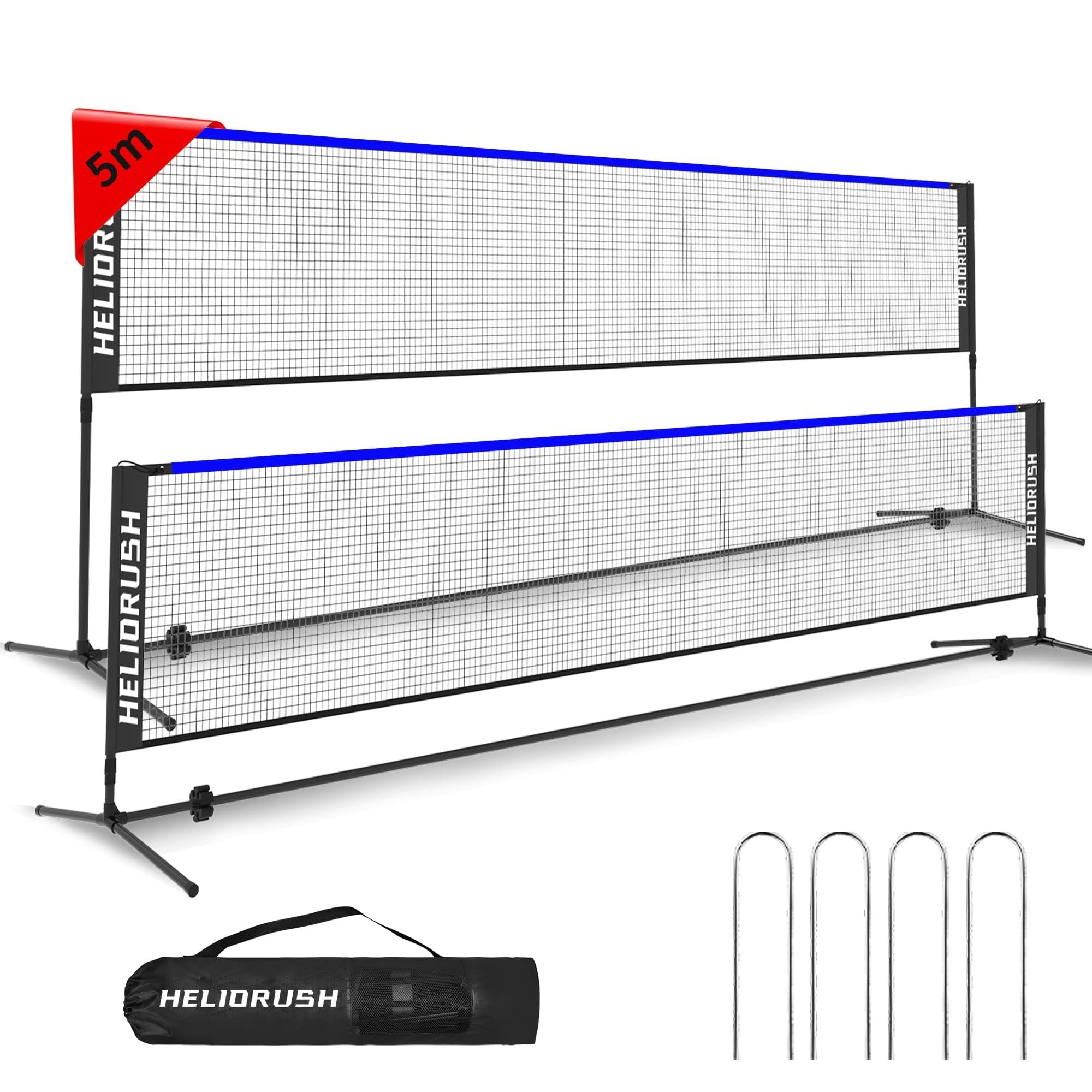 HELIORUSH Badmintonnetz Outdoor Höhenverstellbar, 5m Tragbares Volleyball Netz für Garten mit Stabiler Stahlrahmen & HDPE Netz, Federballnetz für Garten, Pool, Strand, Tennis, Kinder & Erwachsene