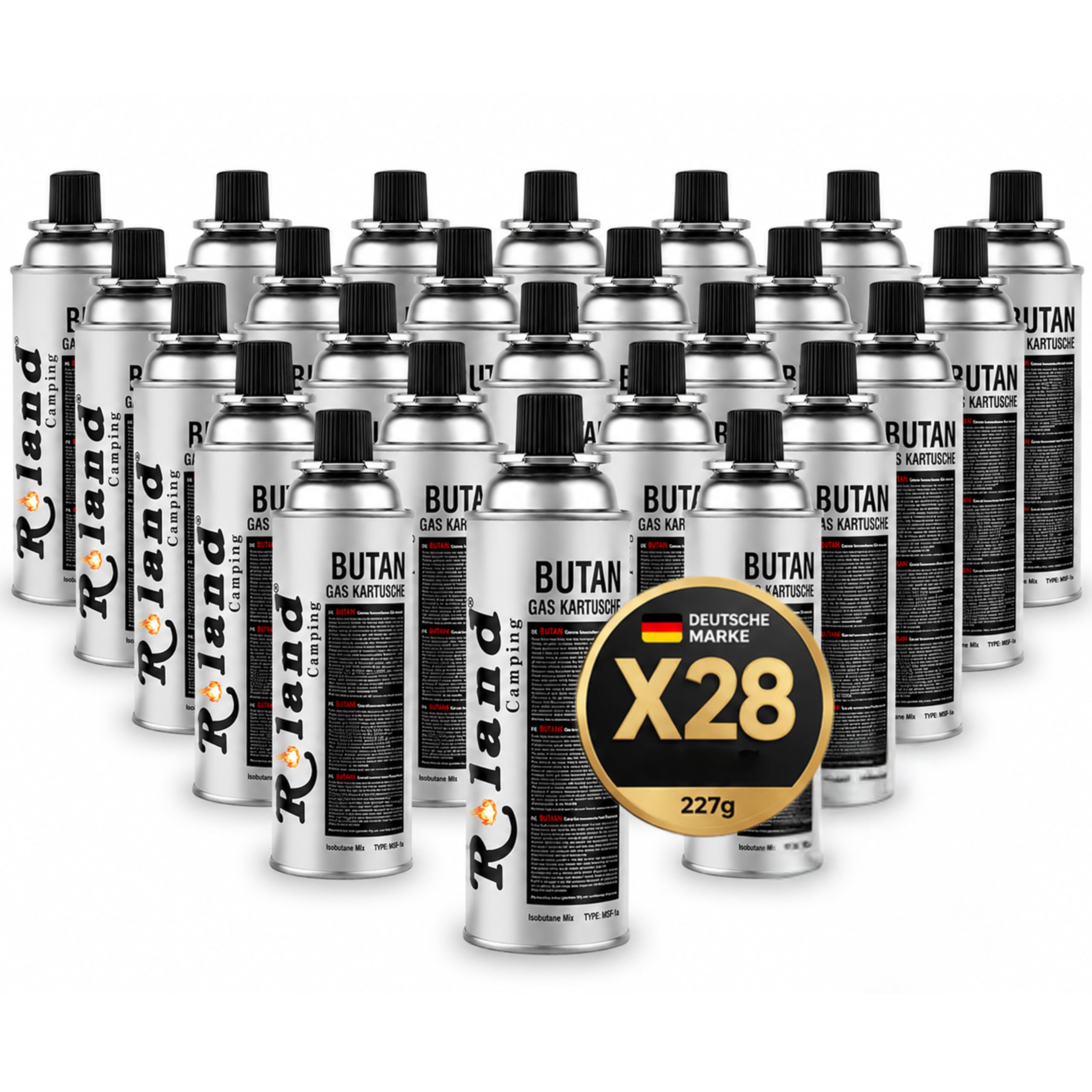 Roland Camping Butan Gaskartusche 227g – 28 Stück Gaskartuschen für Schweißbrenner Gaskocher, Lötbrenner & Heizung – Premium Qualität Butangas mit oder ohne Gasbrenner (28 Stück)