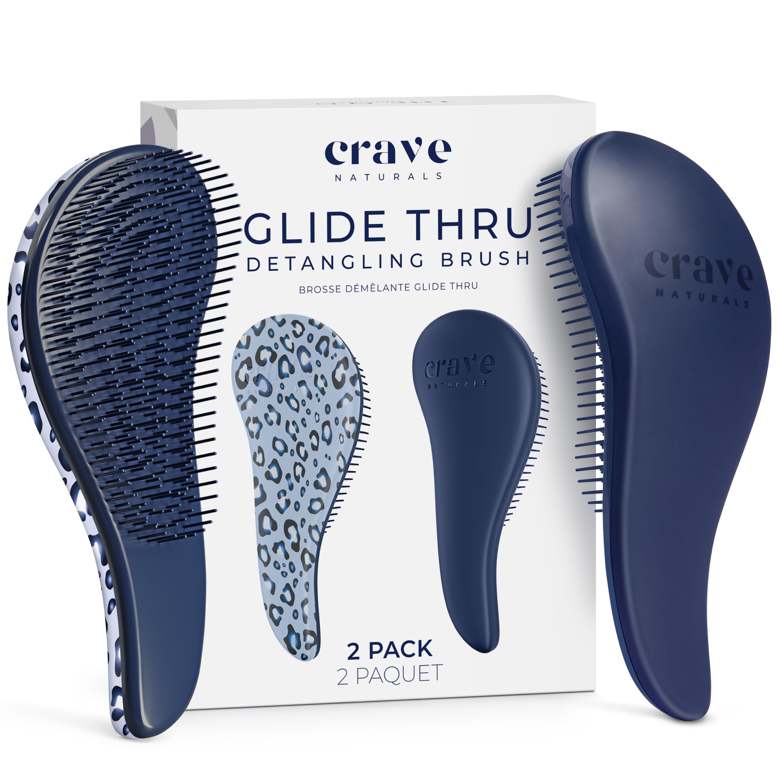 Crave Naturals Glide Thru Detangling Hair Brush for Adults and Kids - Detangler Hairbrush for Curly or Straight, Wet or Dry Hair - Gentle on Tangles Comb - Navy Blue and Blue Cheetah (Pack of 2)