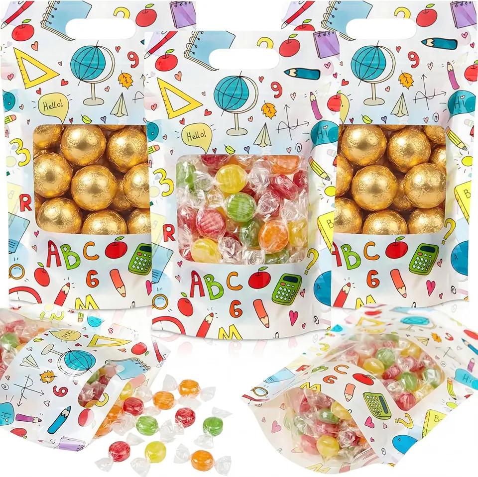 Engrowtic 50 peças de sacos de presente para o dia dos professores resseláveis para agradecimento de professores, bolsas de plástico para brindes, com alças para graduação, suprimentos de