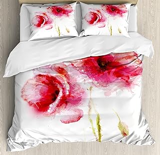 Ambesonne Flower Duvet Cover Set, Little Red Spring Summer Time Garden Florals Field Poppy Artwork, Decorative 3 Piece Bedding Set with 2 Pillow Shams, King Size, Pink White
