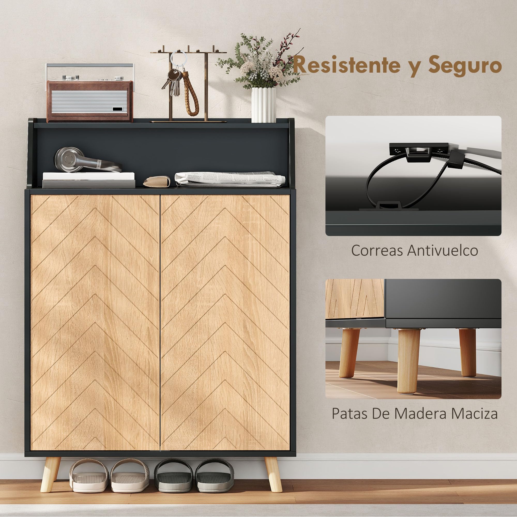 HOMCOM Zapatero de 2 Puertas en Espiga, Zapatero Entrada Recibidor con Estantes Ajustables, Compartimento Abierto y Patas de Madera, para 15 Pares de Zapatos, 75x35x104 cm, Negro y Natural