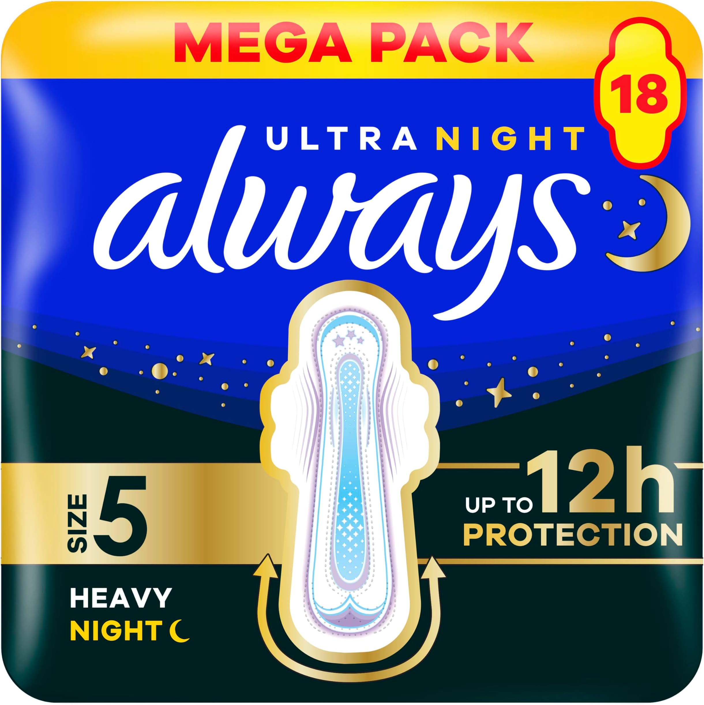 Always Ultra Sanitary Towels Secure Night Extra (Size 5) with Wings 18 Pads, Super Absorbent and Ultra Thin, for Menstrual Periods, Pack of 4