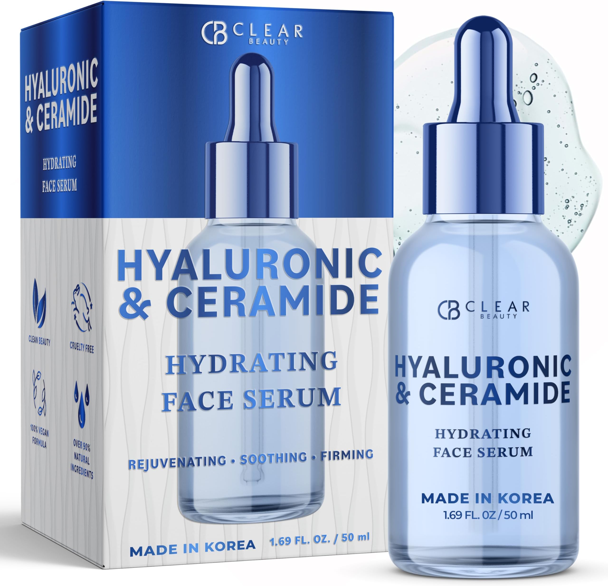 Clear Beauty Ceramide & Hyaluronic Acid Serum for Face - Dermatologist Tested, Anti Aging Korean Skin Care - Deep Hydration, Plumps Fine Lines, Firms, Barrier Repair - Vegan, Clean Beauty- 1.69 Fl Oz