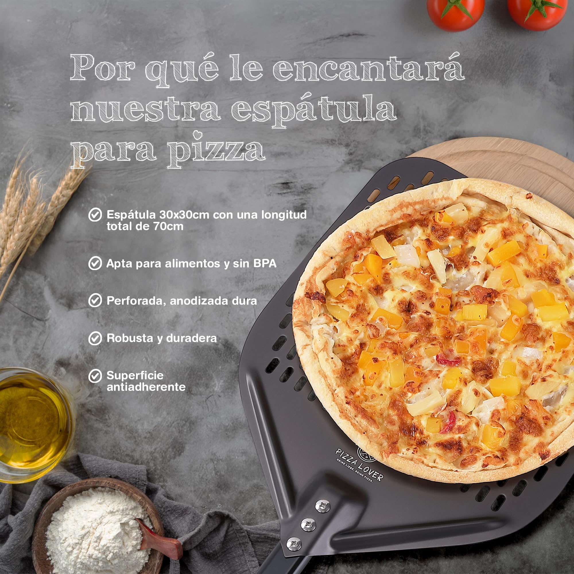 Pizza Lover Pala de pizza de premium perforada, 30 x 70 cm, de aluminio anodizado duro (antiadherente), para pizza casera, ideal para piedra de pizza, horno y barbacoa