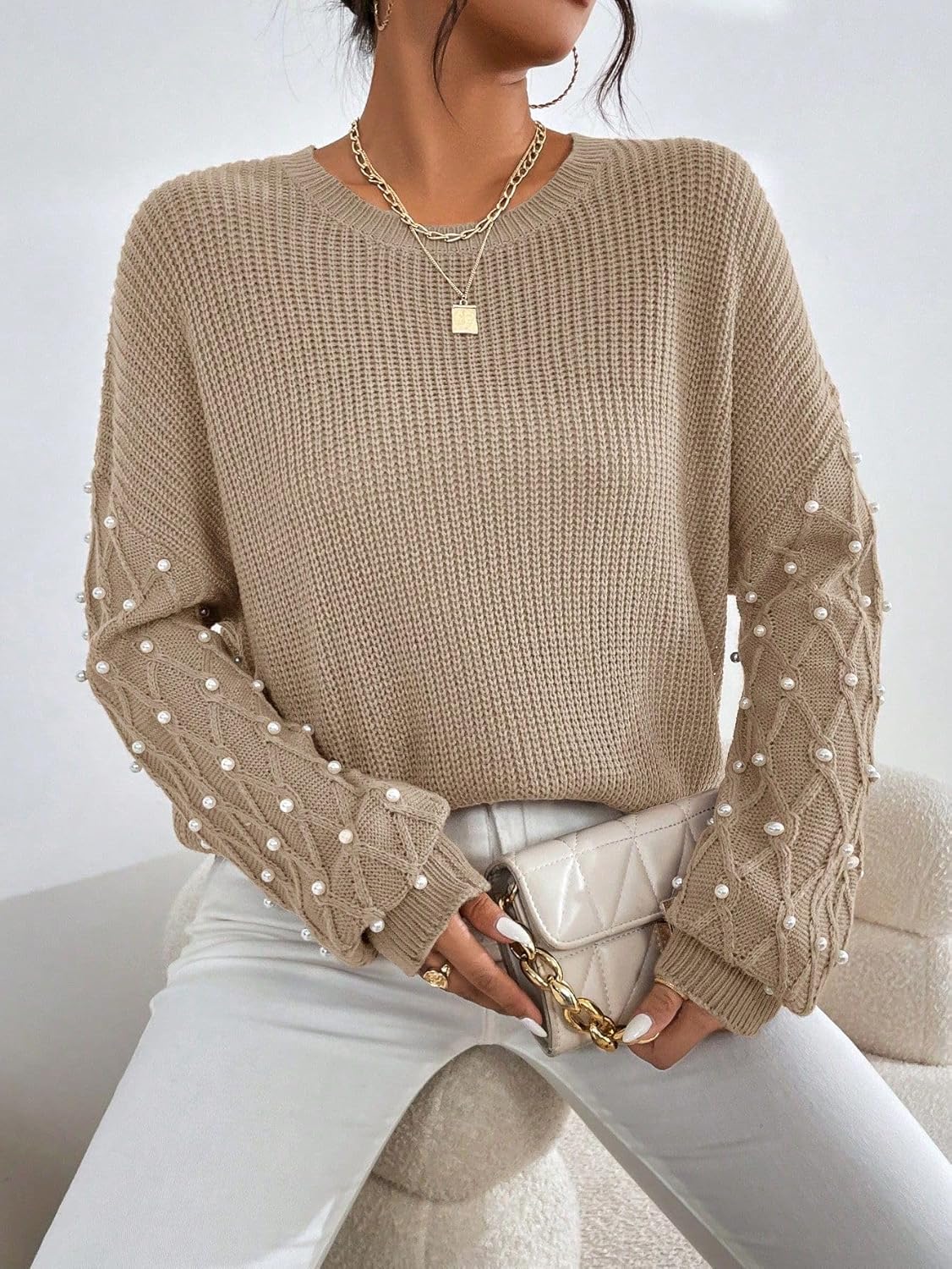 SISKIN Women Oversized Sweater 2025, Crew Neck Pearl - Embellished Cable Knit Sleeve Elegant Casual Sweater - Image 3
