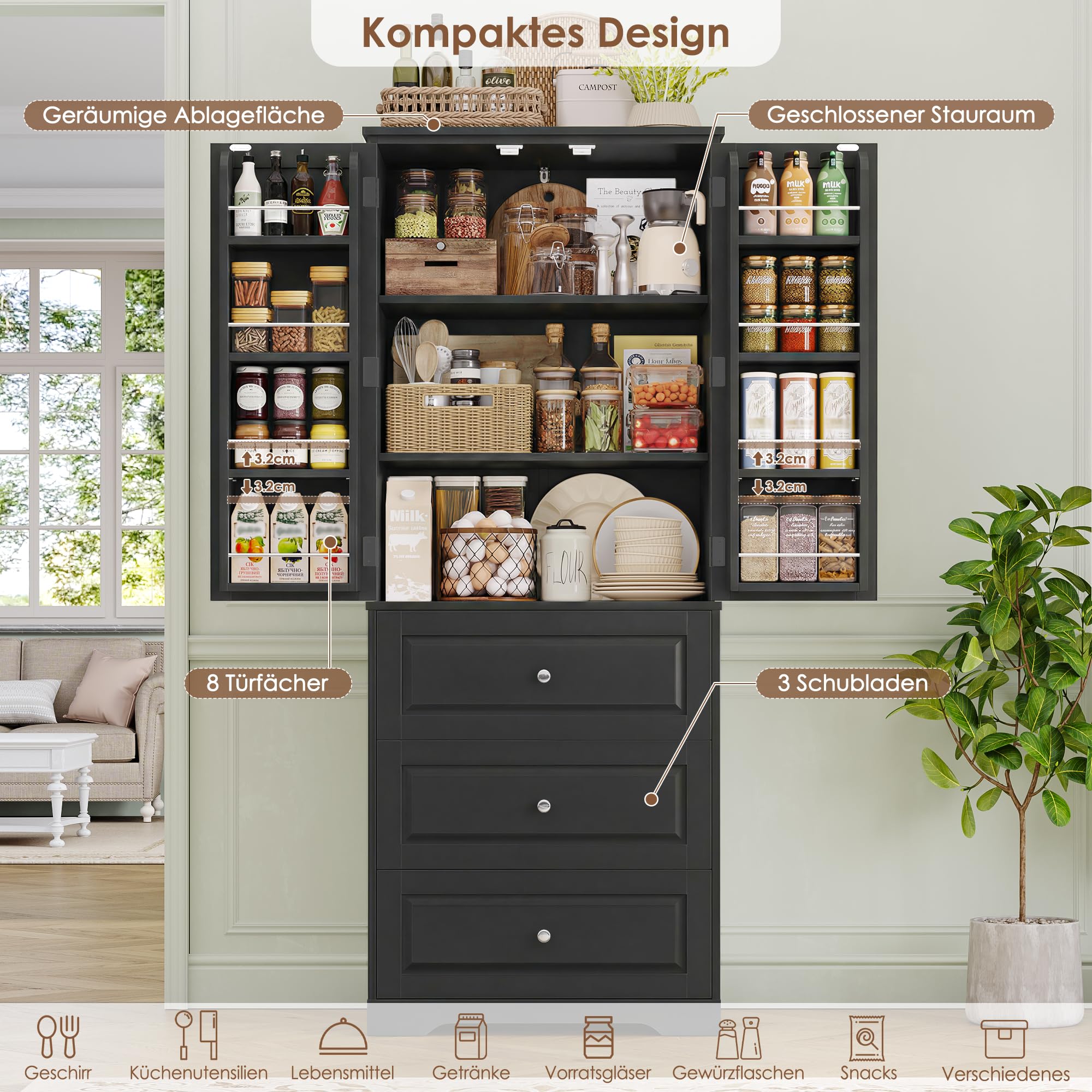 FOREHILL Küchenschrank Vorratsschrank Buffetschrank mit 3 Schubladen, 8 Türregalen und 2 Türen, Mehrzweckschrank für Küche, Esszimmer, Badezimmer und Wohnzimmer, 60x40x150cm, Schwarz