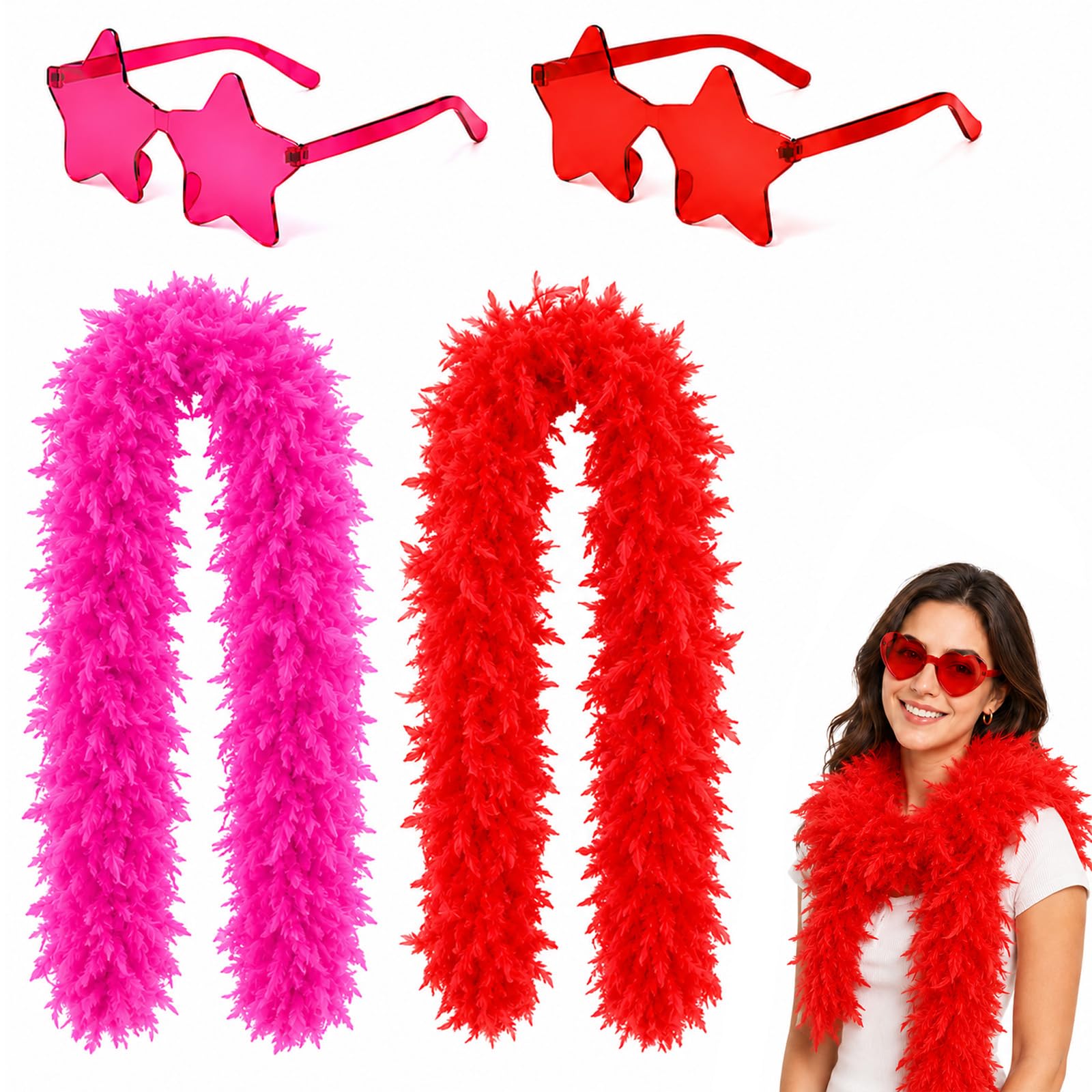 kiwkww 4Pcs Feather Boa, Pink & Red Scarves with Star Glasses for Parties