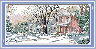 Beginners Cross Stitch Kits Stamped Full Range of Embroidery Starter Kits for Beginners DIY 11CT Preprinted Cross-Stitch Kit for Adults Needlepoint Kits-Snow View Cabin 13x23.6 inch