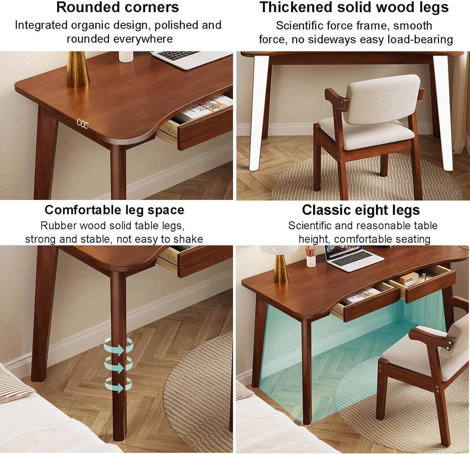 Bureau moderne en bois massif avec 2 tiroirs - Design incurvé élégant - Idéal pour étudier et travailler - Meuble fonctionnel