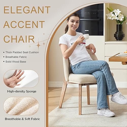 Miniatura 6 de Juego de 2 sillas de comedor tapizadas, sillas de comedor modernas de mediados de siglo con marco de madera maciza desgastada, cojines gruesos y