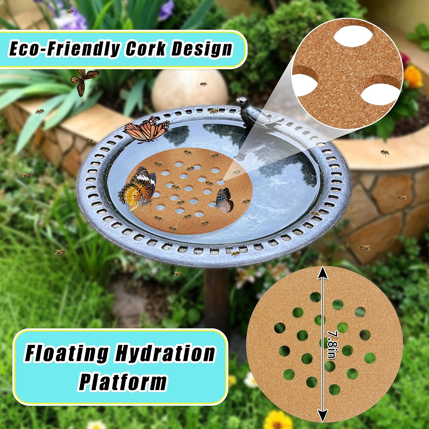 2 Pcs Floating Bee Island for Garden Pond Farm Fountain Cork Bee Watering Station Butterfly&Bee Waterer Feeding Cups for Bees Insect Outdoor Garden Decor Eco-Friendly image 2