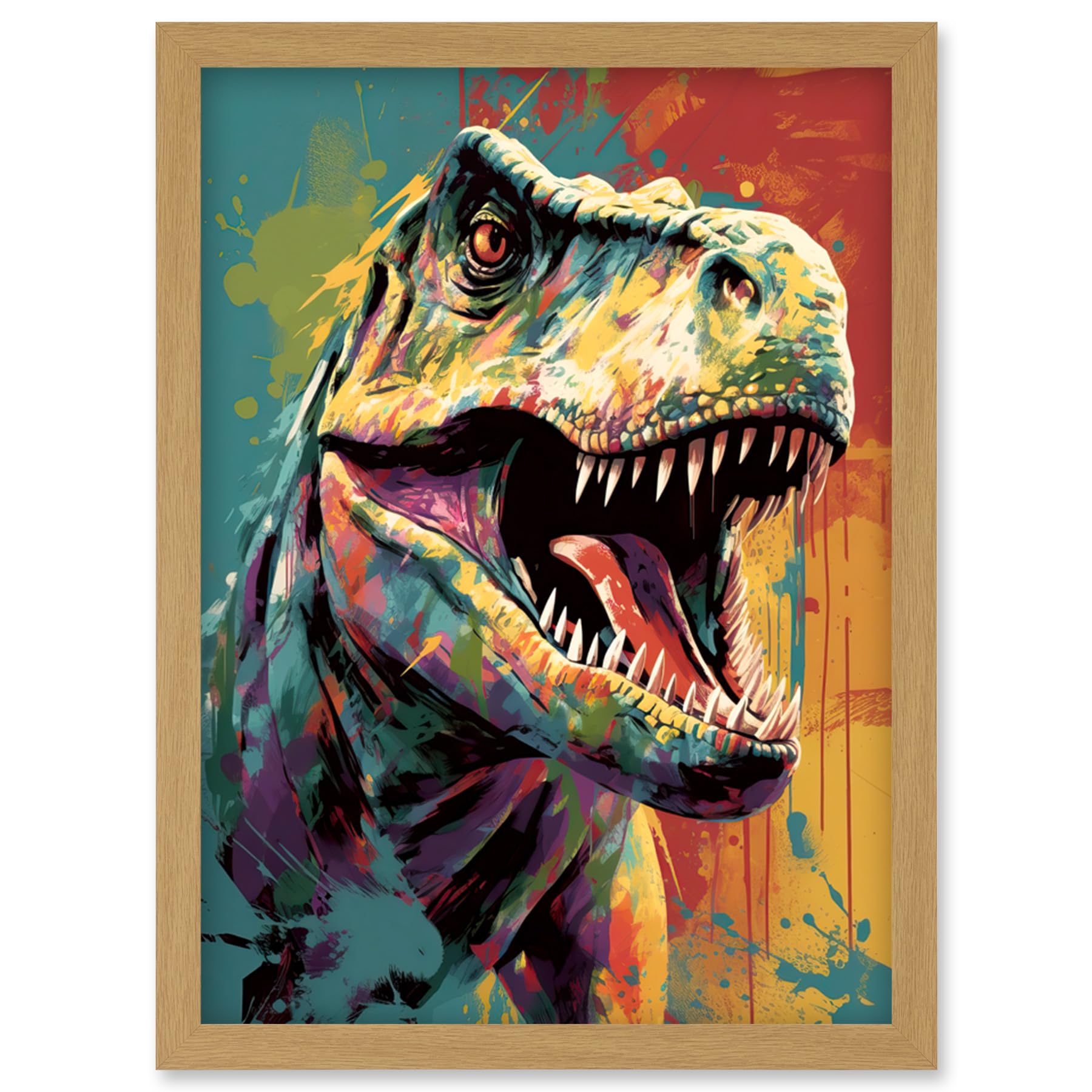 Artery8 Roaring T-Rex Multicoloured Dinosaur Portrait Artwork Framed Wall Art Print A4