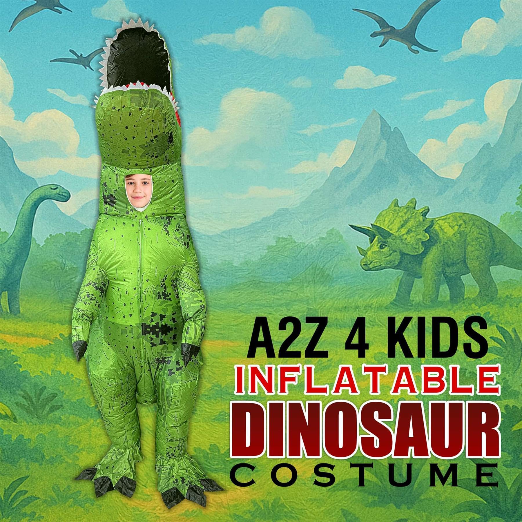 A2Z 4 Kids Nadmuchiwany kostium dinozaura na Halloween dla chłopców, dziewcząt, dzieci, T-Rex, fantazyjny strój z wachlarzem i akumulatorem, zielony, jurajski, Halloween, przyjęcie, cosplay, kostiumy