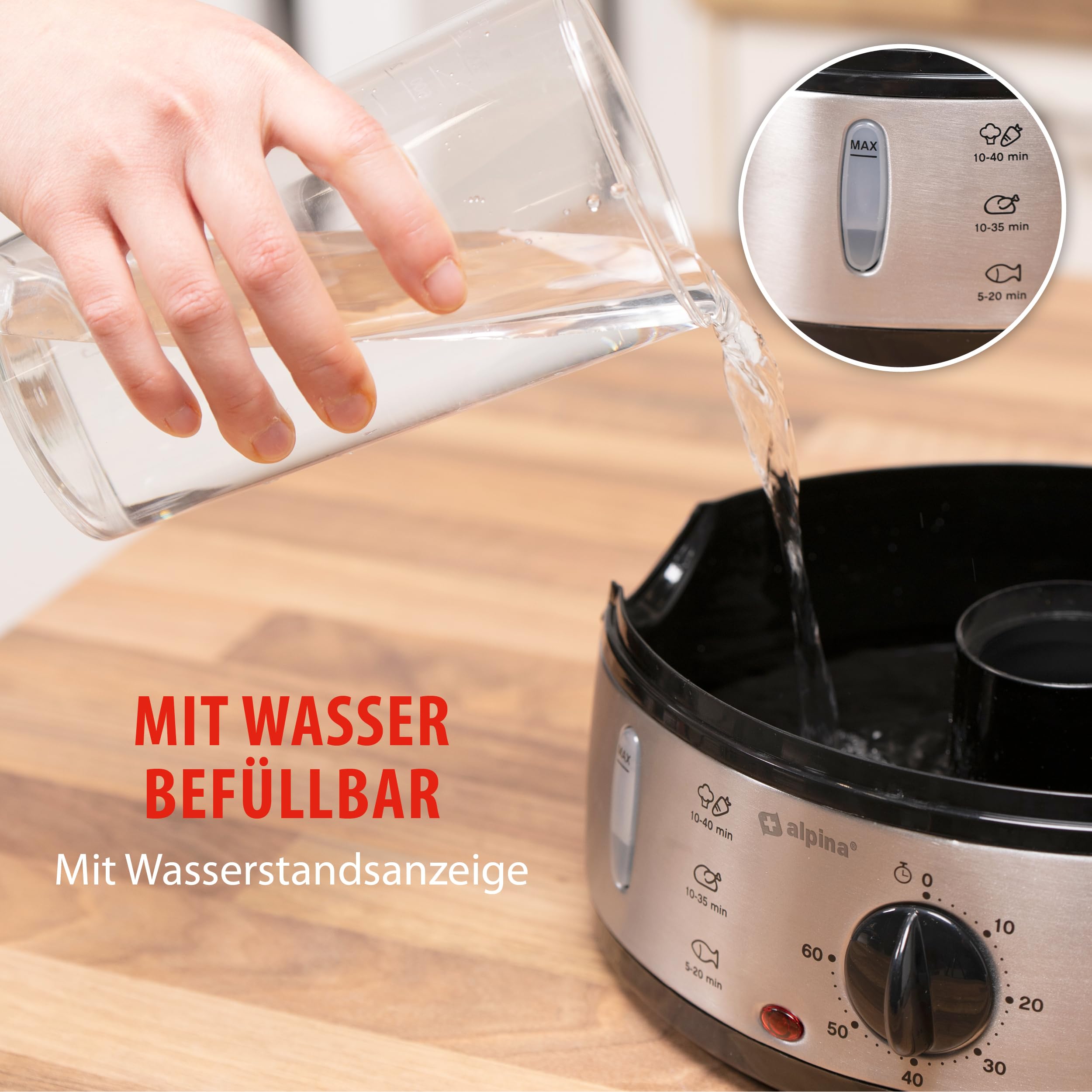 Alpina Dampfgarer Elektrisch 800W 9 Liter BPA Frei Reiskocher Spülmaschinenfest Grau