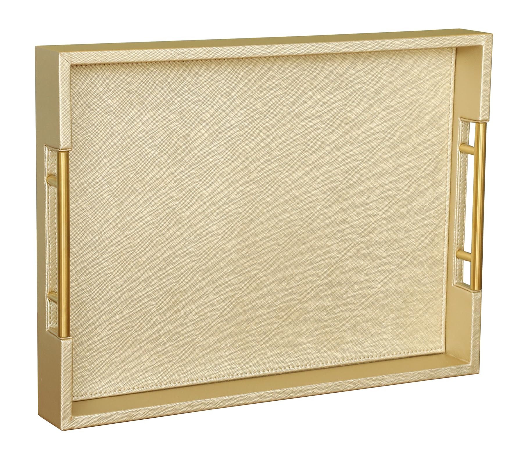 HofferRuffer Bandeja para servir de piel sintética con asas de metal dorado, elegante bandeja organizadora decorativa para mesa de café, otomana, decoración del hogar y servir (dorado, 16.2 x 12.2 x 2