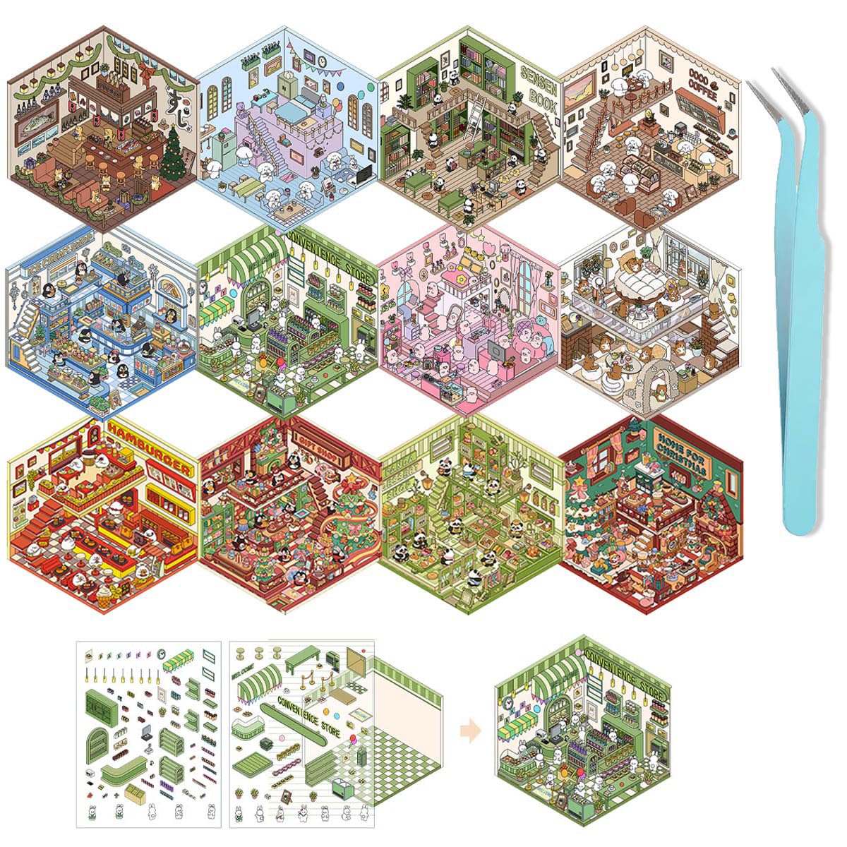 3D House Scene 12 Sets DIY Sticker Therapy for Adult Cute Cartoon Miniature Room Stickers Scene for Relief Stress Pass The Time