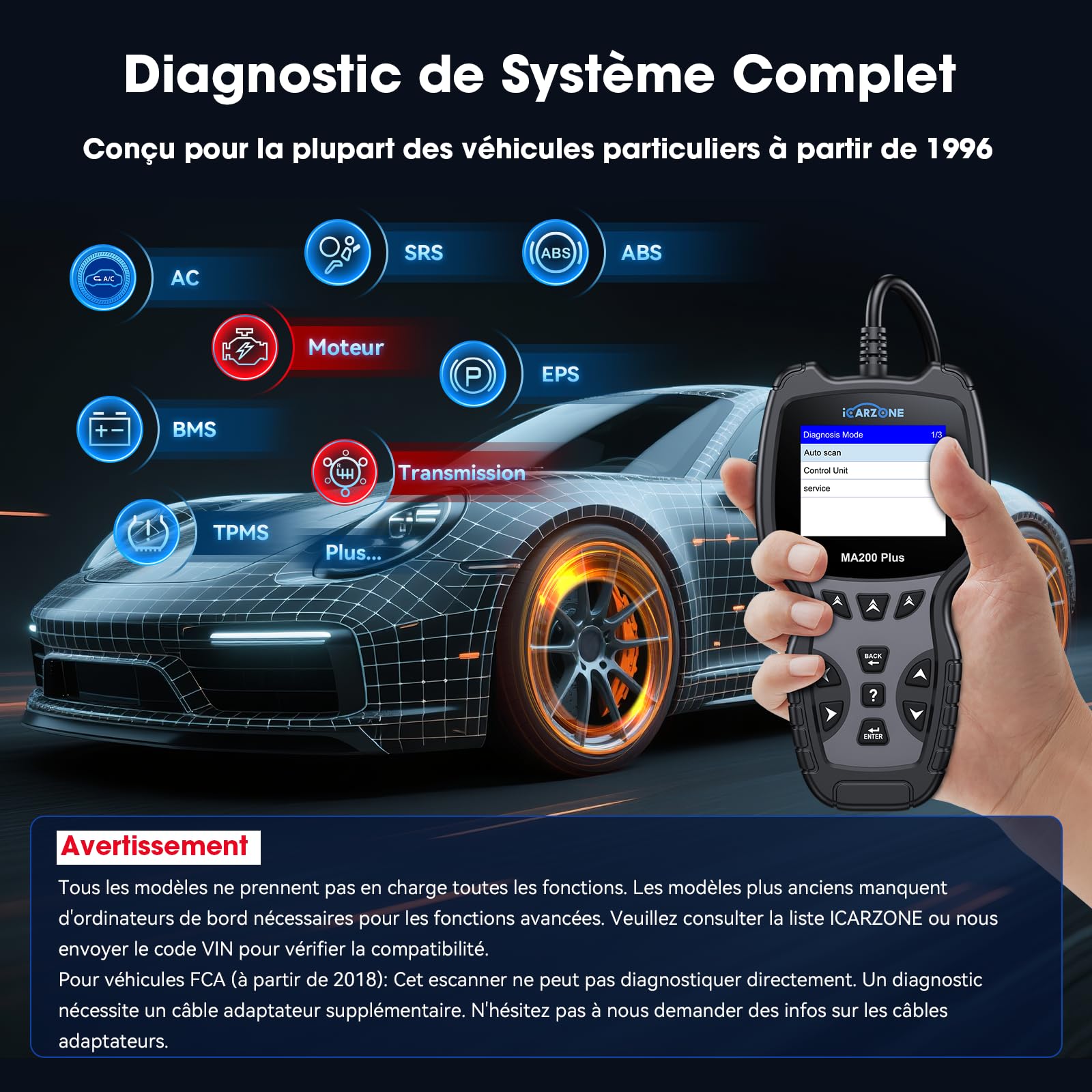 MA200 Plus Valise Diagnostic Auto, Diagnostic Voiture Multimarque pour Tous Les systèmes, 6 Fonctions de Service, Réinitialisation d’Huile/EPB/SAS/TPMS/DPF/BMS, Auto VIN, Mise à Jour à Vie
