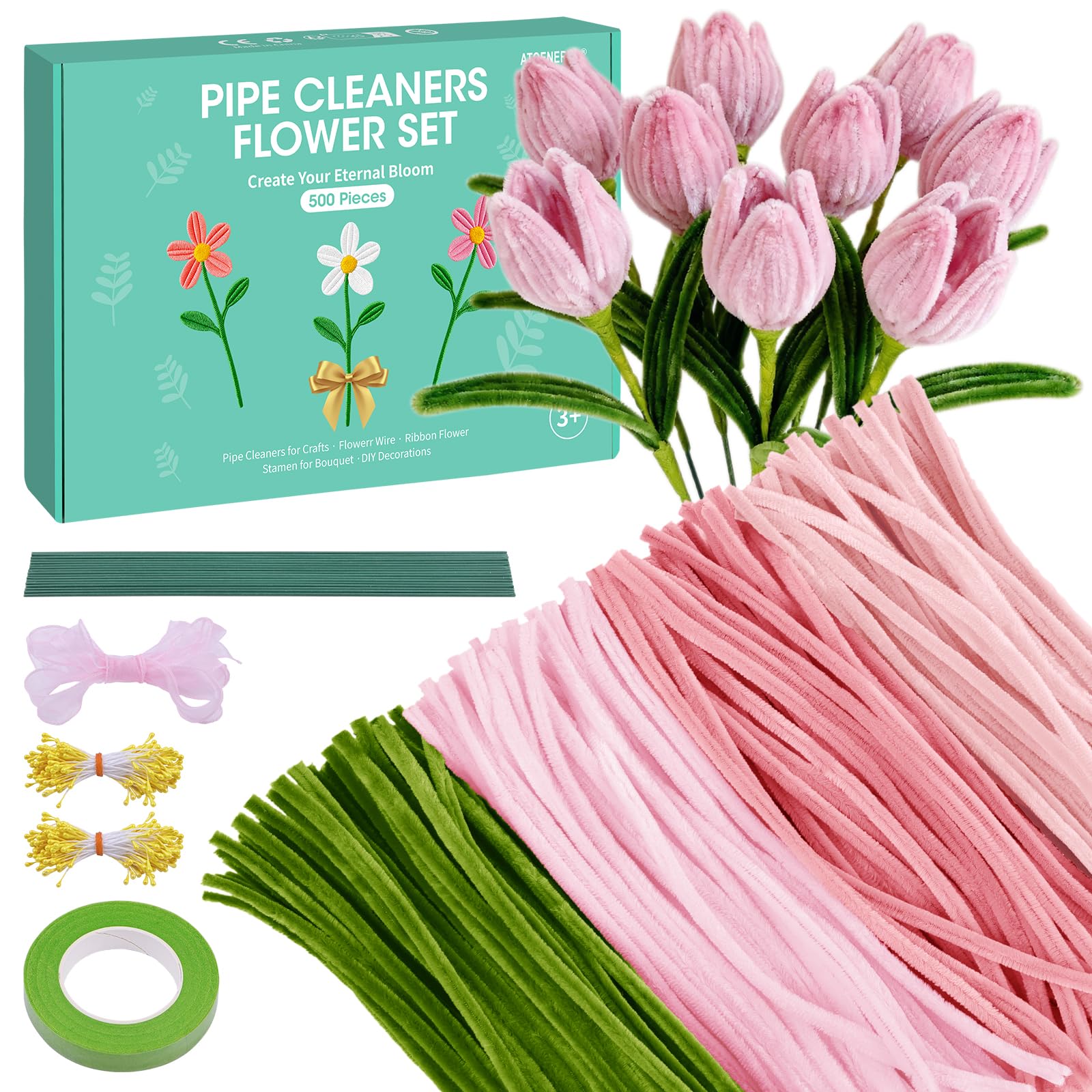 Pfeifenreiniger Blumen Set, 500 Stück Pfeifenputzer zum Basteln Pfeifenreiniger zum Basteln mit Schleifenband, Klebeband, Staubblätter, Blumendraht, Blumenpapier, Anleitung zum Blumenbasteln, Rosa