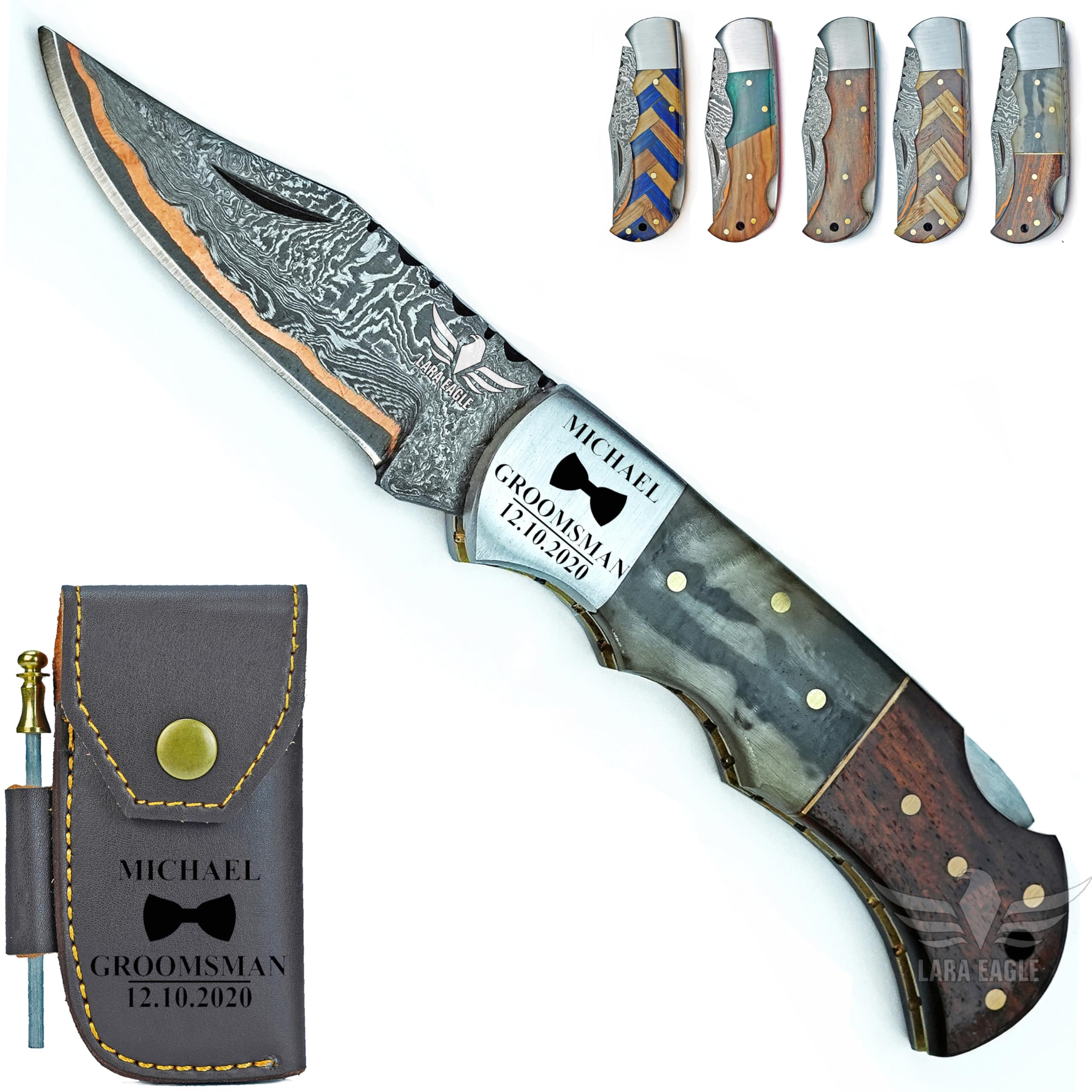 Lara Eagle Personalized Copper Damascus Pocket Knife – Olive