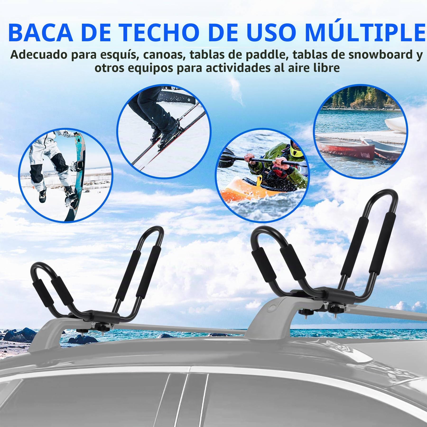 2 piezas Barras universales para kayak en el techo del coche, portaequipajes para kayak y tabla de surf, soporte universal de barra J para techo, portaequipajes para kayak y tabla de surf