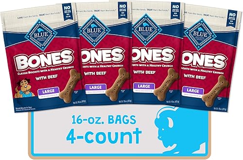 Blue Buffalo Bones - Golosinas naturales crujientes para perros, galletas grandes para perros, carne de res (bolsa de 16 onzas, 4 unidades) disponible en Yaxa Peru