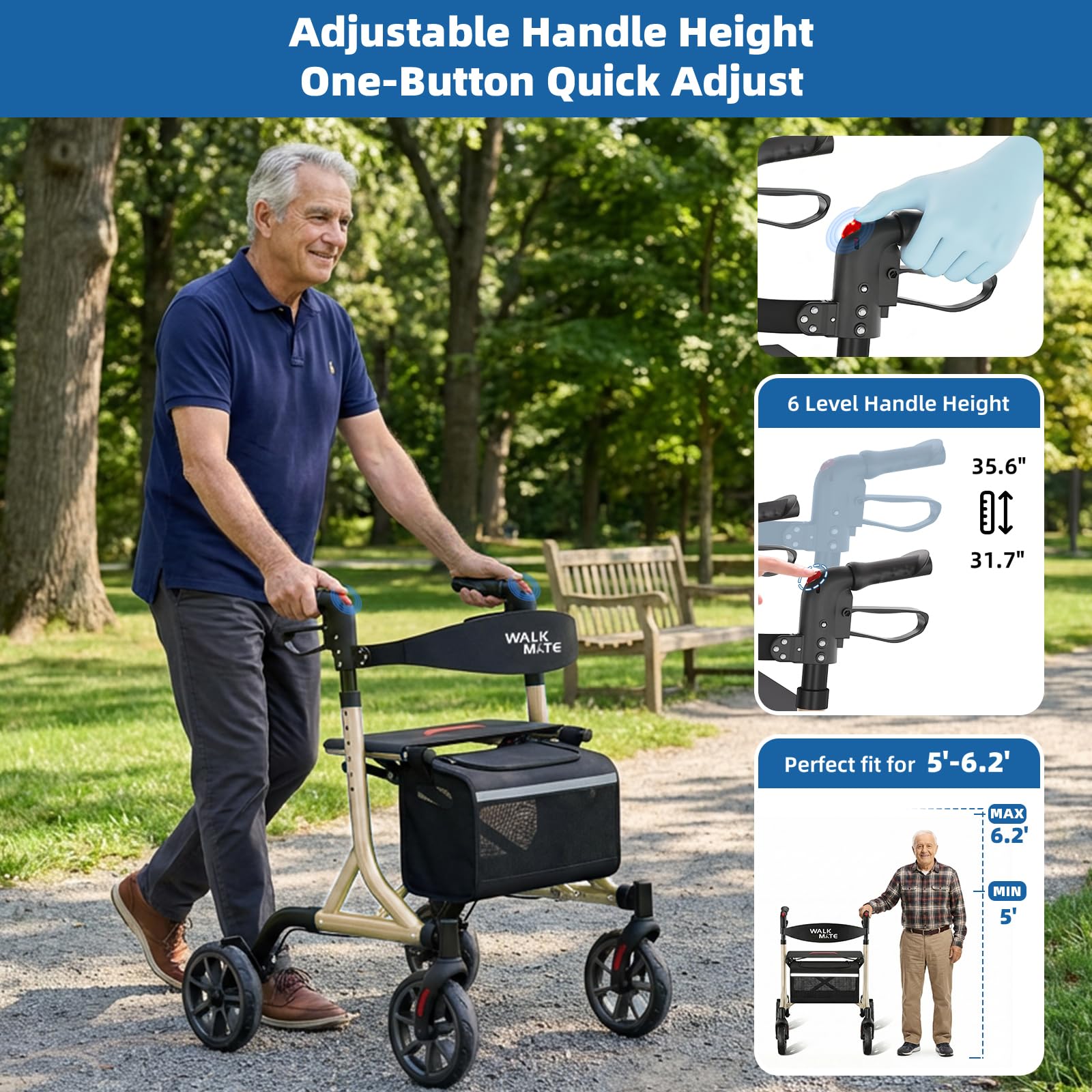 Walk Mate Deambulatore Rollator Pieghevole e Leggero con Seduta - Compatto per Spazi Ristretti, Regolazione Ergonomica dell'Altezza 150-190 cm, Ruote All-Terrain, Solo 6,7 kg