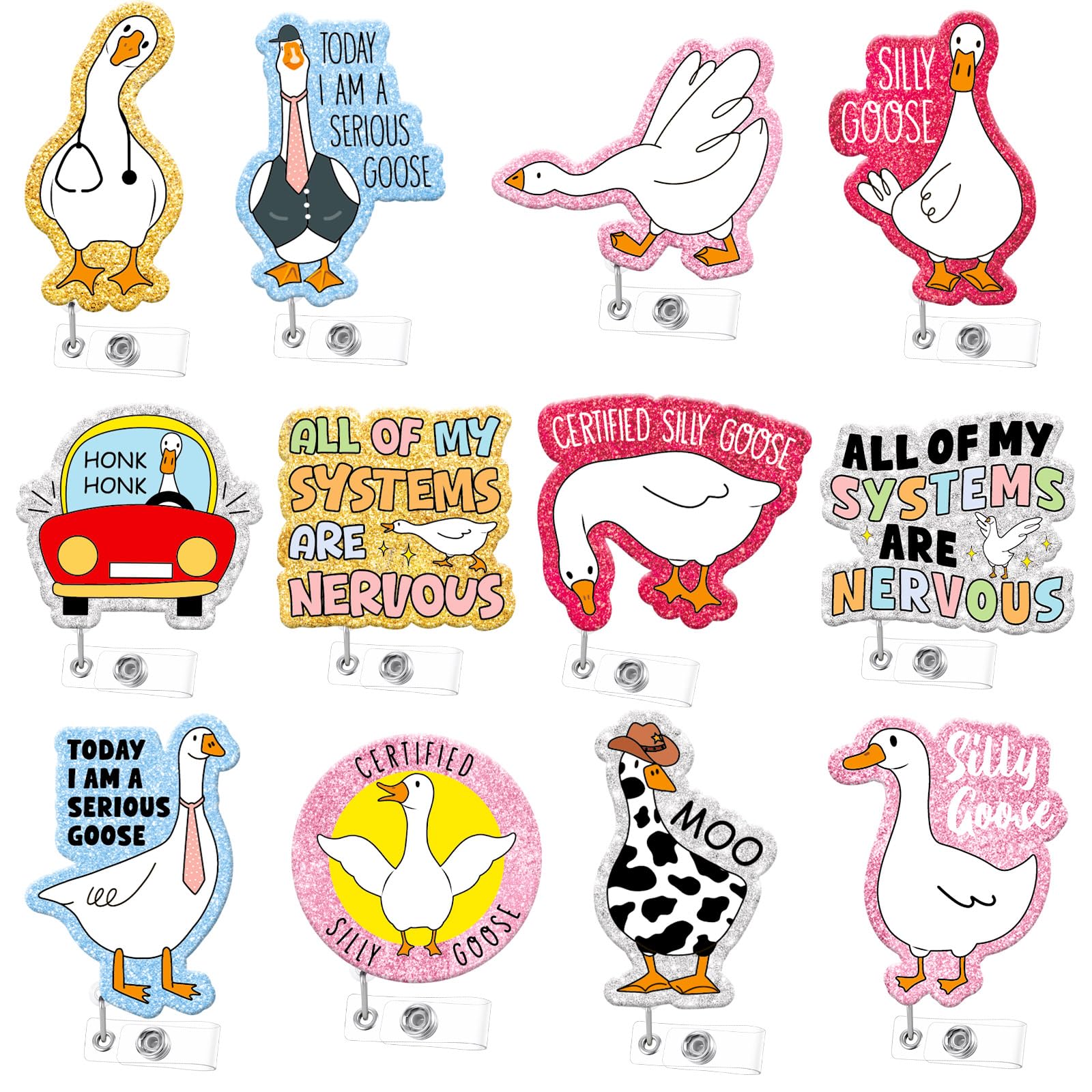 12PCS Funny Silly Goose Badge Reels Goose Badge Holder Clip Nurse Retractable ID Card Holder Nurse ID Badges Clip Cute Badges Reel for Doctor Student Medical Coworker Work Accessories Bulk Gifts
