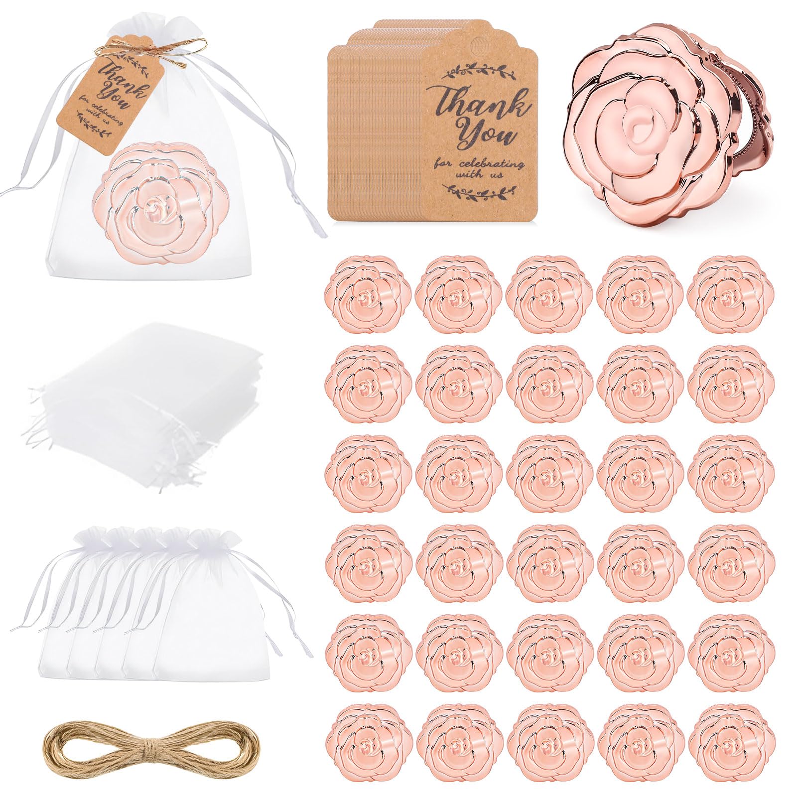 Jinzhenhong Women's Rose Gold 30 Set Rose Compact Mirror Bulk Wedding Favors, Bridal Shower Party Favors For Guests Rose Shape Portable Folding Mirrors With Thank You Tag And Organza Bag (Rose Gold)