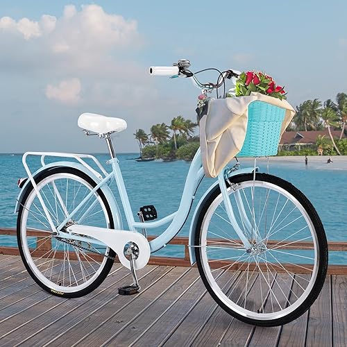 Miniatura 9 de Bicicleta Cruiser de 26 pulgadas para mujer marco de hierro clásico bicicleta retro cómoda bicicleta C-ommuter de una sola velocidad bicicleta