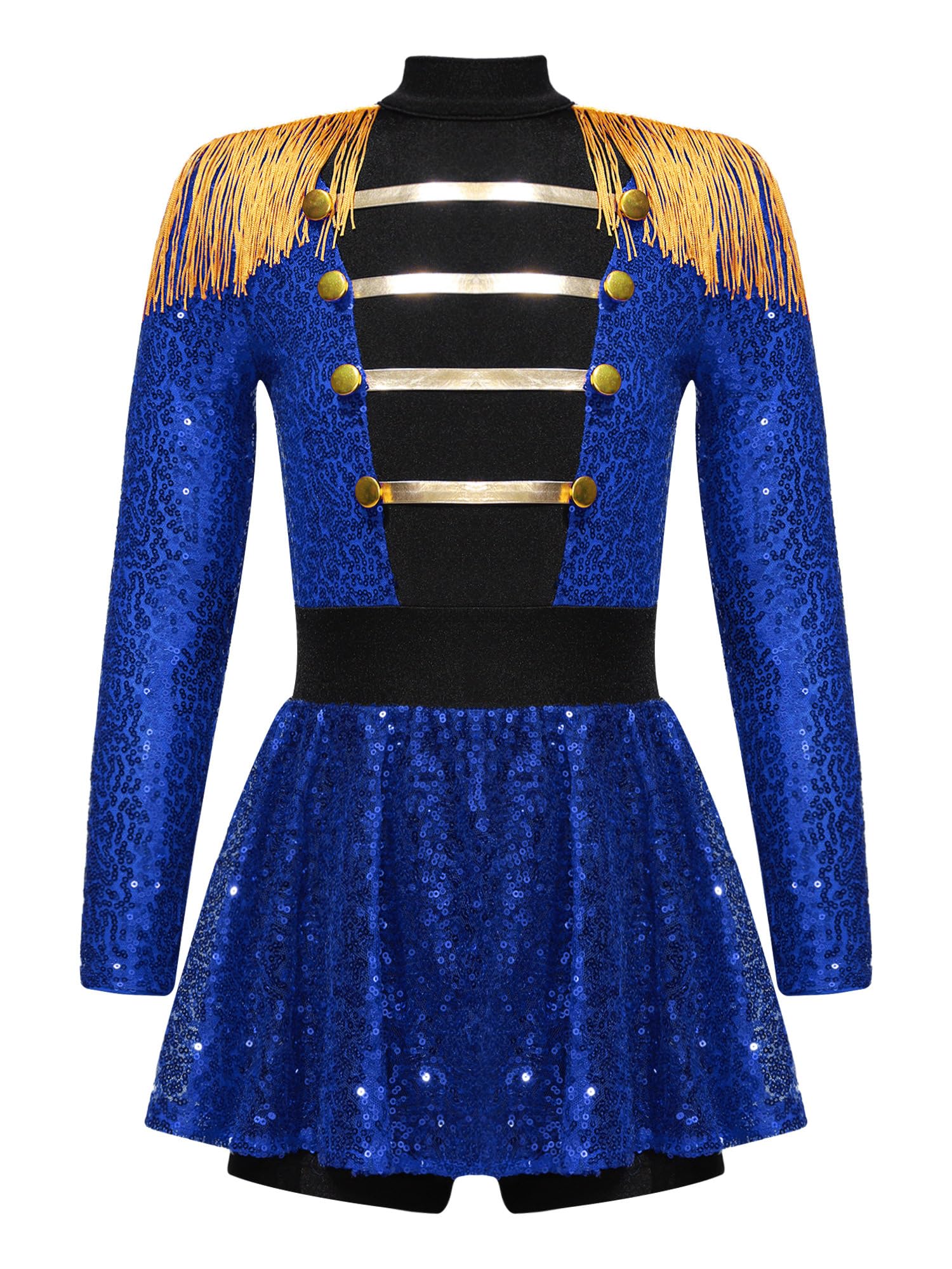RUNQHUI Kids Girls Sparkly Sequins Tassels Long Sleeve Dance Leotard Dress Majorette Costume Marching Band Uniform Blue 13-14 Years