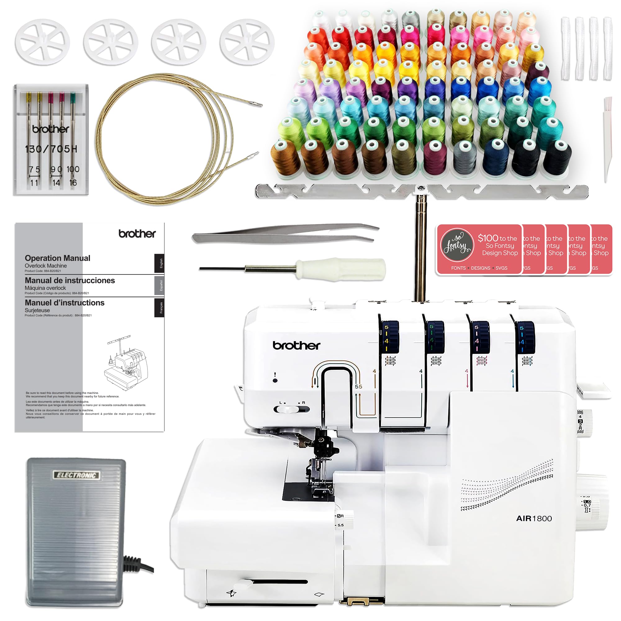 Brother Air1800 Air Serger with Jet-Air Threading Bundle and 80 Spool Thread Kit