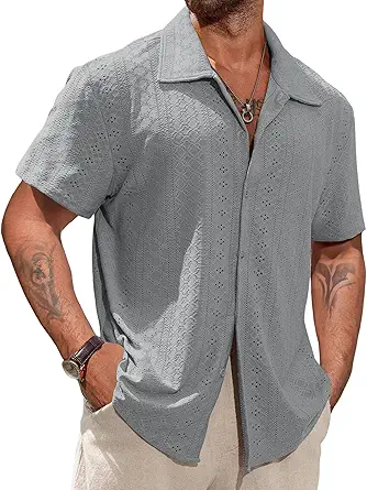 Vssjavun Mens Short Sleeve Button Down Shirts Casual Hollow Out Summer Beach Shirt