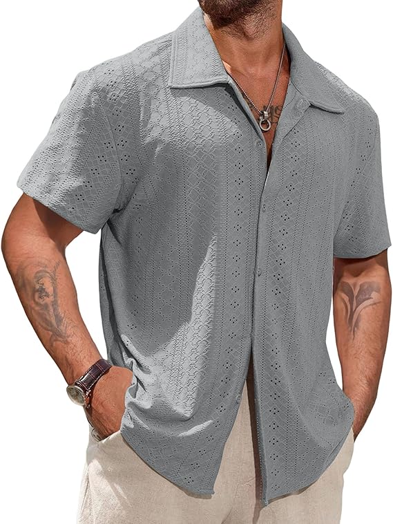 Vssjavun Mens Short Sleeve Button Down Shirts Casual Hollow Out Summer Beach Shirt