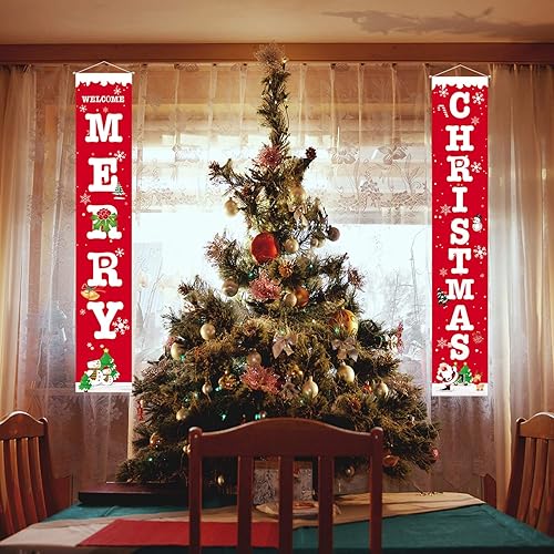 Miniatura 8 de Decoraciones navideñas de 13 x 70 pulgadas para puerta al aire libre, juego de letreros de porche delantero de Feliz Navidad, pancartas de