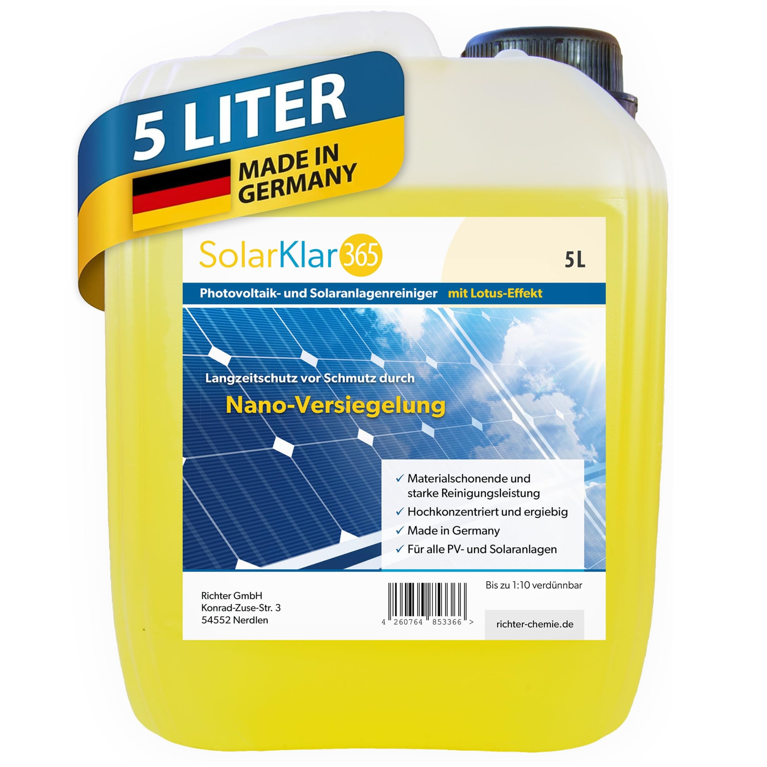 SolarKlar365 Photovoltaik- und Solaranlagen Reiniger | PV Anlage reinigen | Lotuseffekt langanhaltender Schutz, starke und materialschonende Reinigung 5 Liter