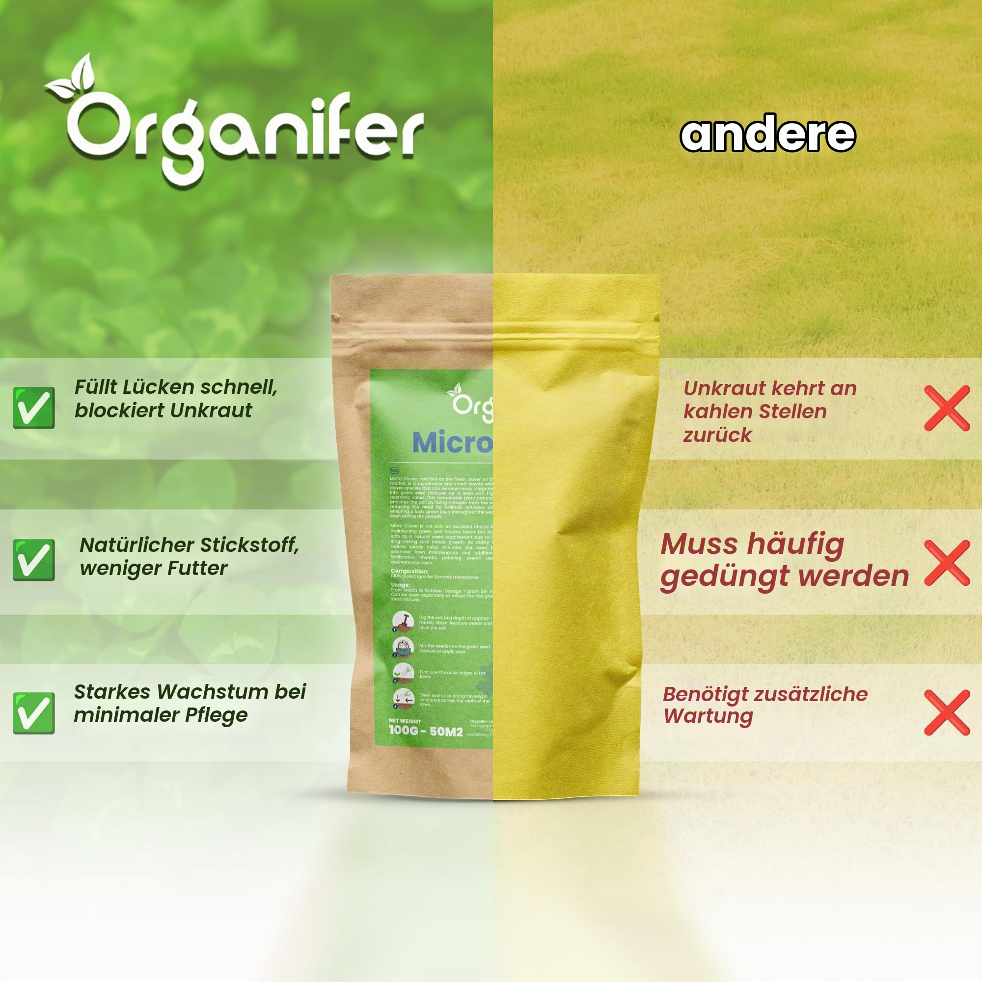 Mikroklee-Rasen - Micro-Kleegrassamen - 1500g = 750m2 | Klee - Kleesamen Für Rasen - Reiner Kleesamen - Weißklee - Organifer