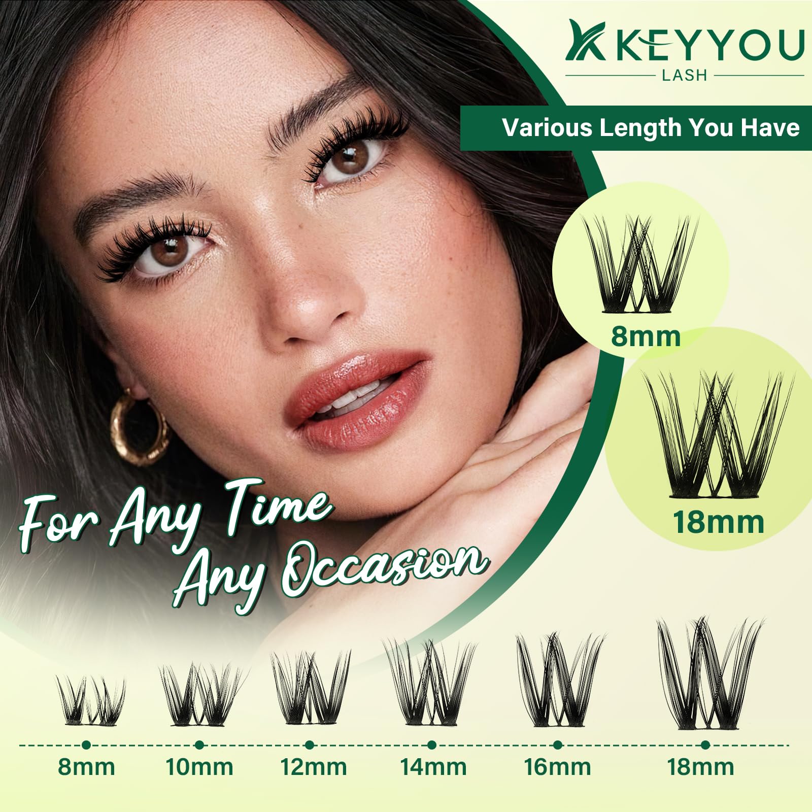 KEYYOU Set di extension per ciglia a D ricciolo volume, 8 – 16 mm, set da 132 arricciacapelli per ciglia con adesivo e tweezers Wispy Lash Clusters Kit (F01)