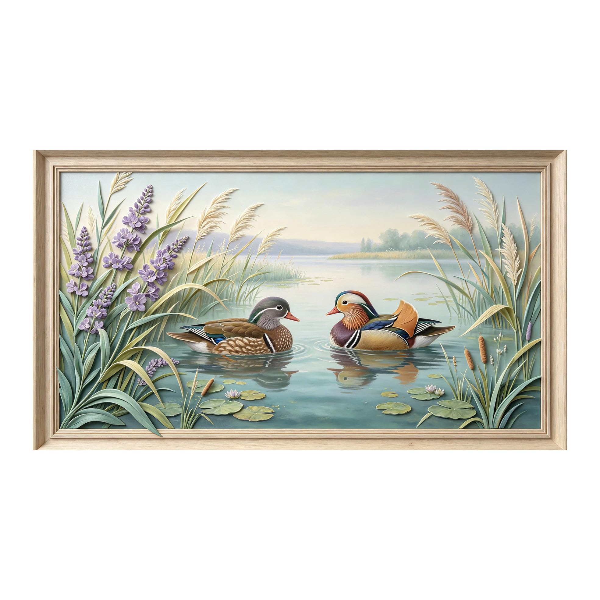 Yzpallescene 3D 3D Framed Wall Art 50cm×90cm Mandarin Ducks Lake Pastoral Oil Painting Large Size SelfAdhesive Removable Wall Decor Prints Artwork for Living Room Bedroom Office