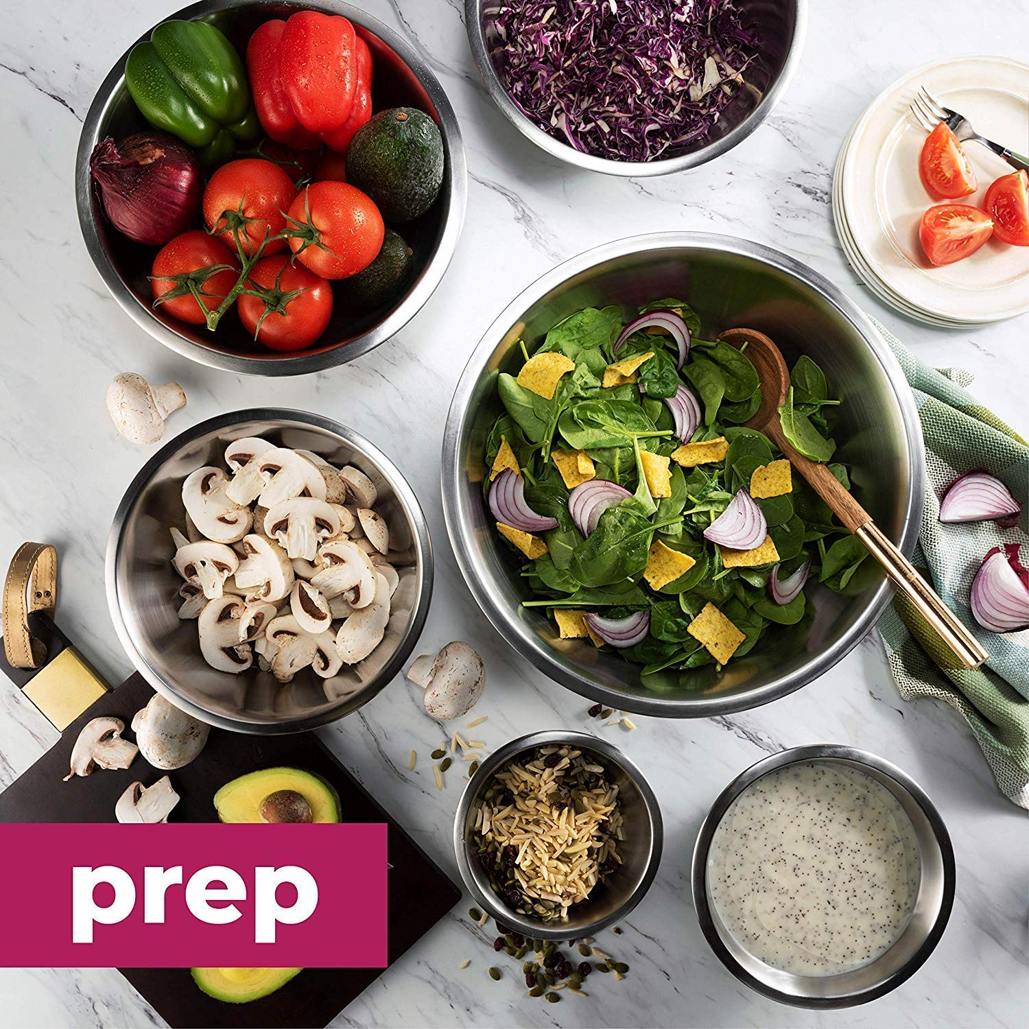 Cuencos para mezclar de acero inoxidable de alta calidad, se anidan fácilmente para ahorrar espacio con tazas medidoras y juego de cucharas, mide ingredientes secos o líquidos, ideal para cocinar