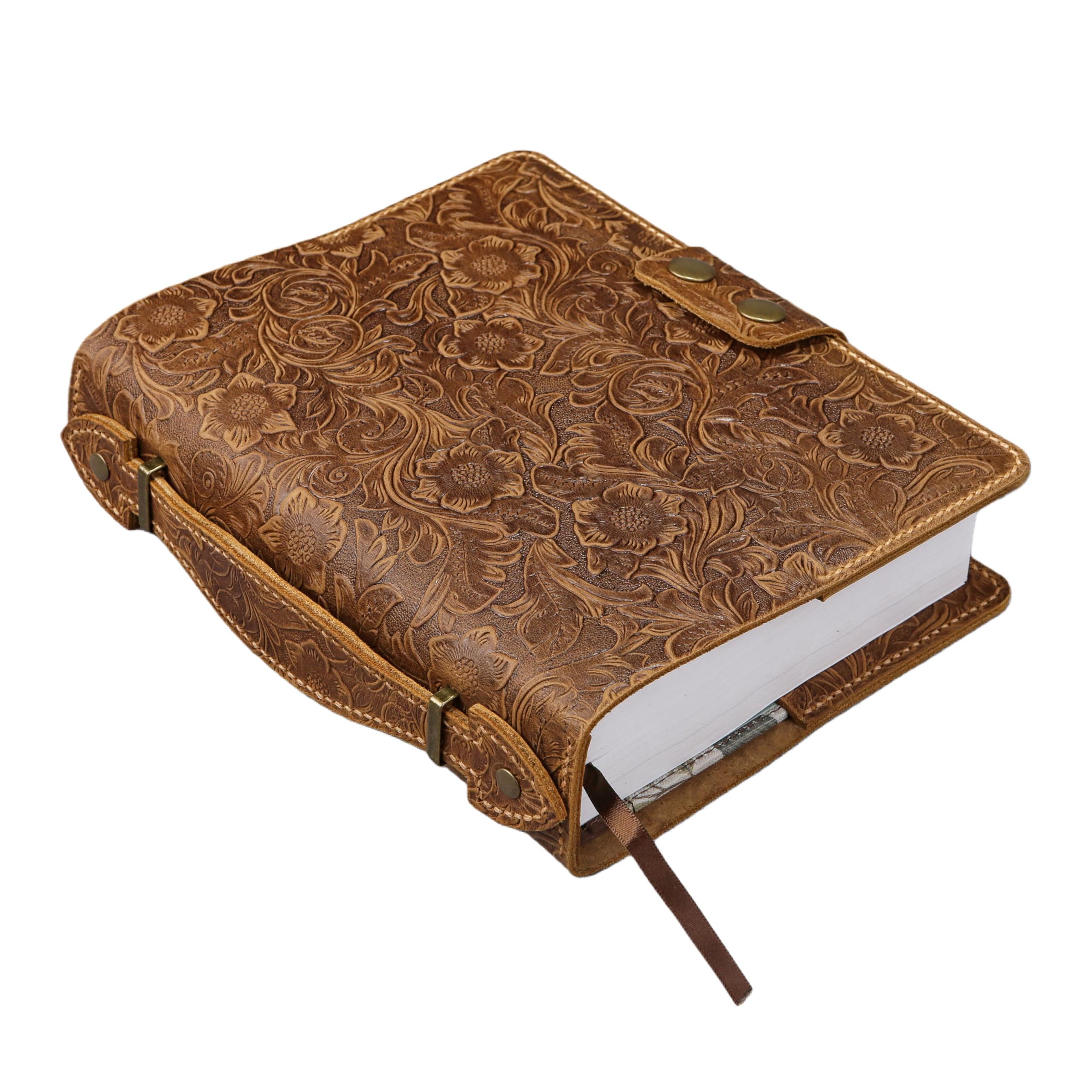 Floral Embossed Leather Bible Cover with Handle and Pen Loop, Handmade Custom Case for Journaling and Study Editions
