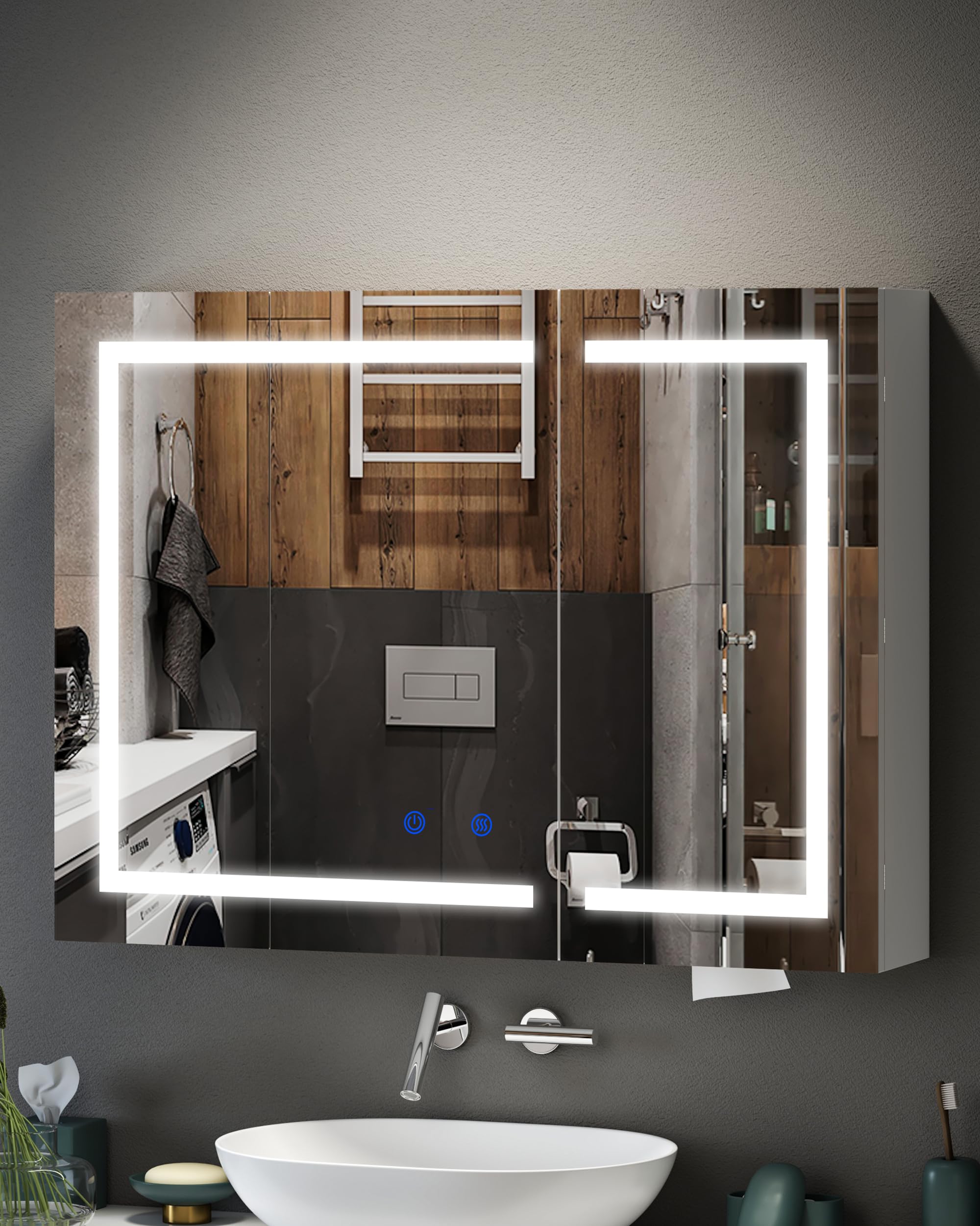 joolihome living 2 Door Bathroom Mirror Cabinet, Wall Mounted Cabinet with Mirror & 2 Adjustable Shelves, 3 Tier Storage Cupboard Unit with LED Lights, 800x600mm โ image 1