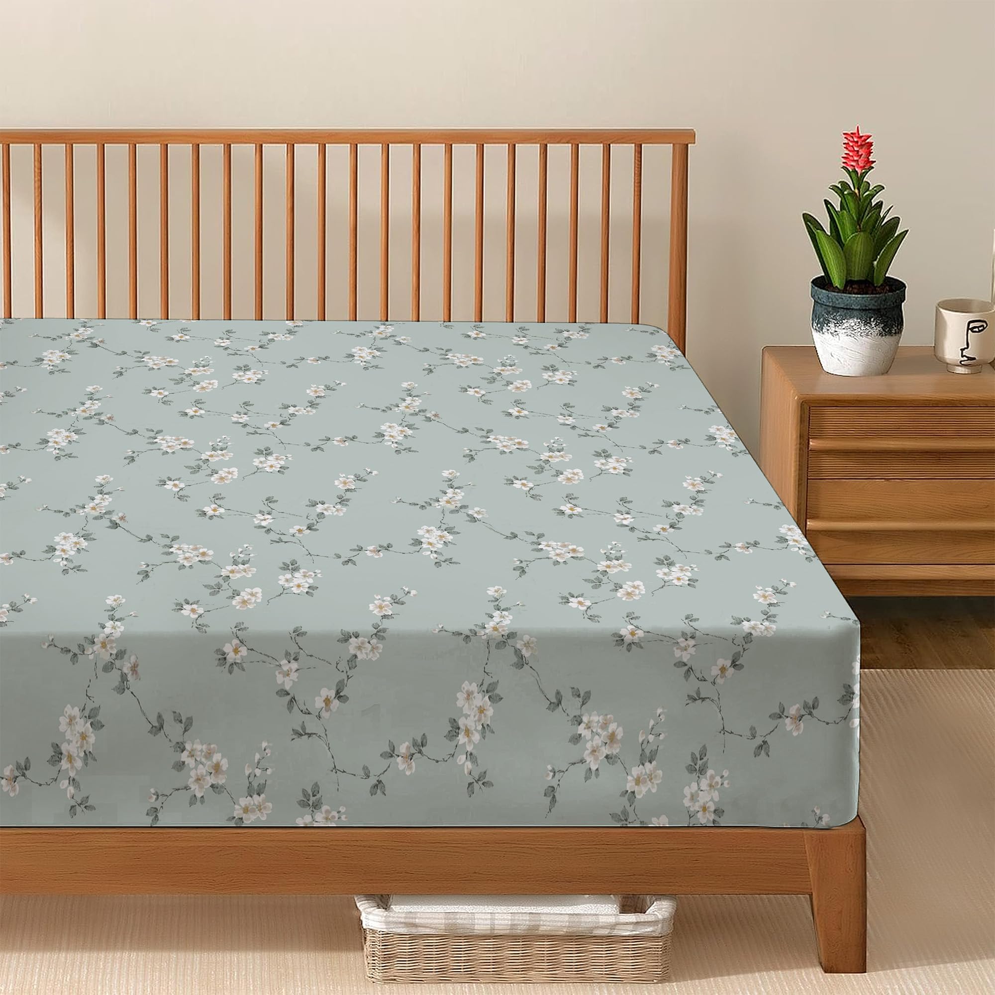Reliancebedding Mint Bloom Small Double Fitted Sheet - Floral 100% Egyptian Cotton 400Tc 30Cm Depth