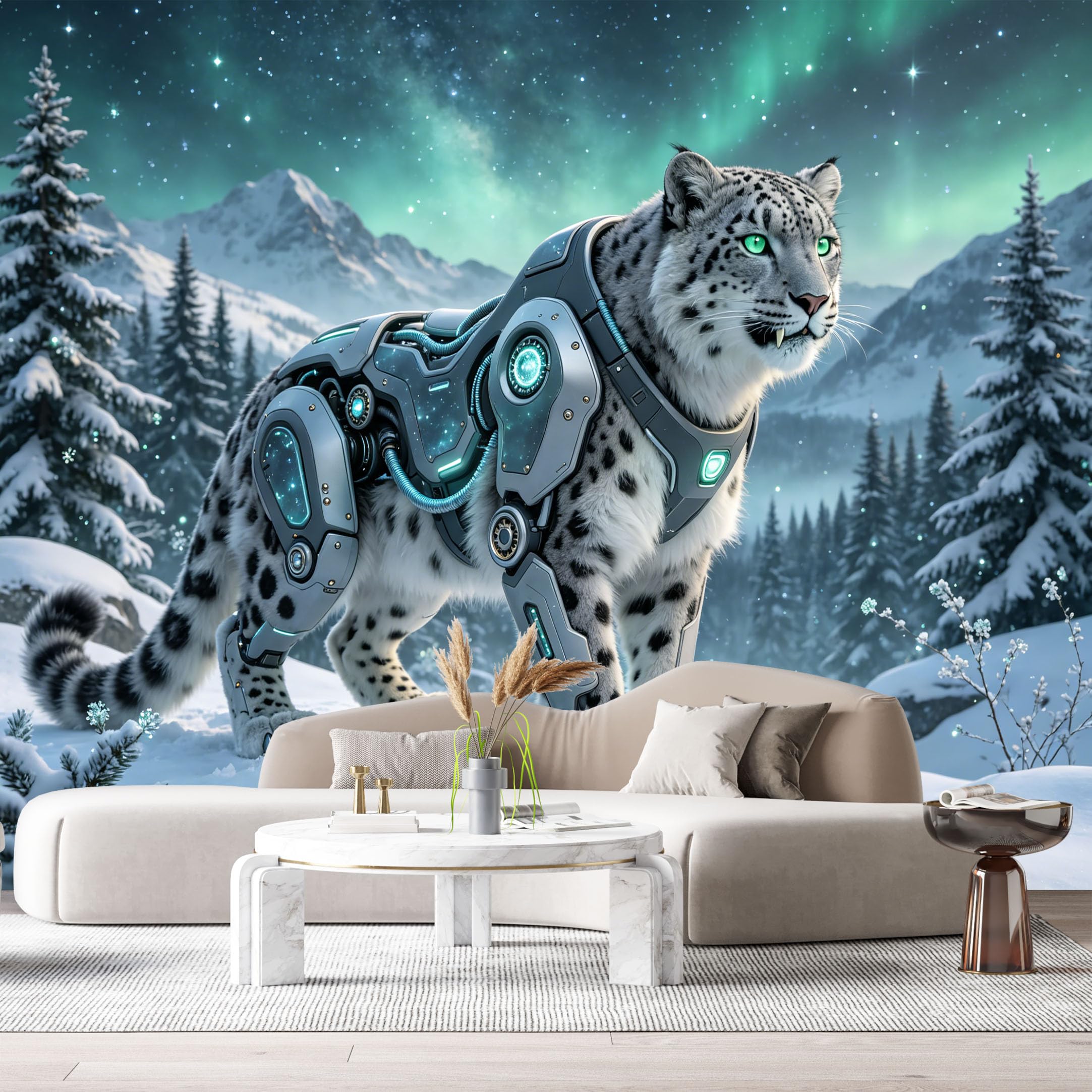 Custom Size Wall Mural Cybernetic Snow Leopard Mech Science Fiction Futuristic Armor Arctic Wildlife SelfAdhesive Art Prints Removable Large Wallpaper Esports Room Game Room Studio