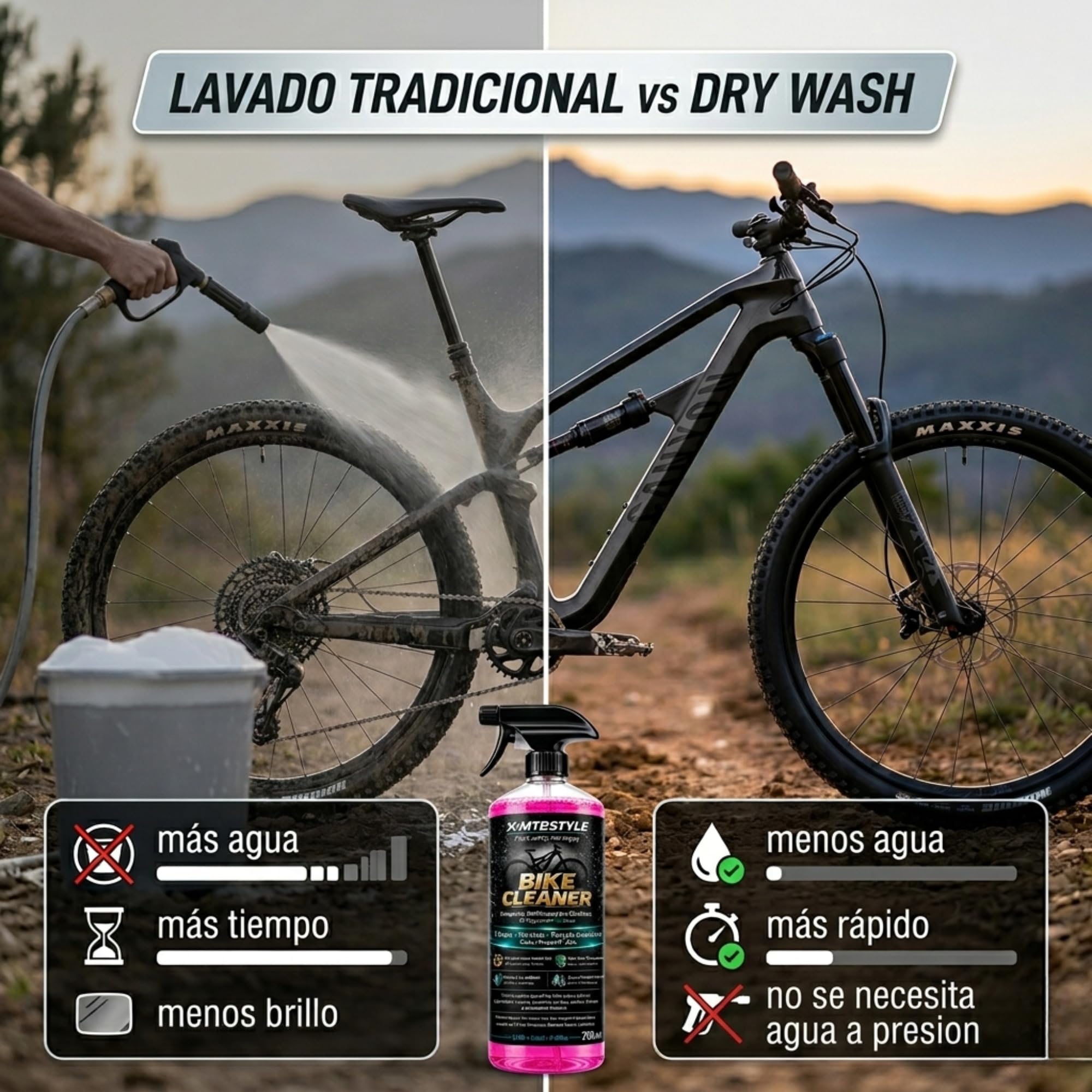 X-MTBSTYLE Środek do czyszczenia rowerów, 750 ml, spray do czyszczenia rowerów górskich, elektrycznych i szosowych - usuwa błoto, tłuszcz i brud - łagodny do malowania, łańcucha i komponentów (Dry